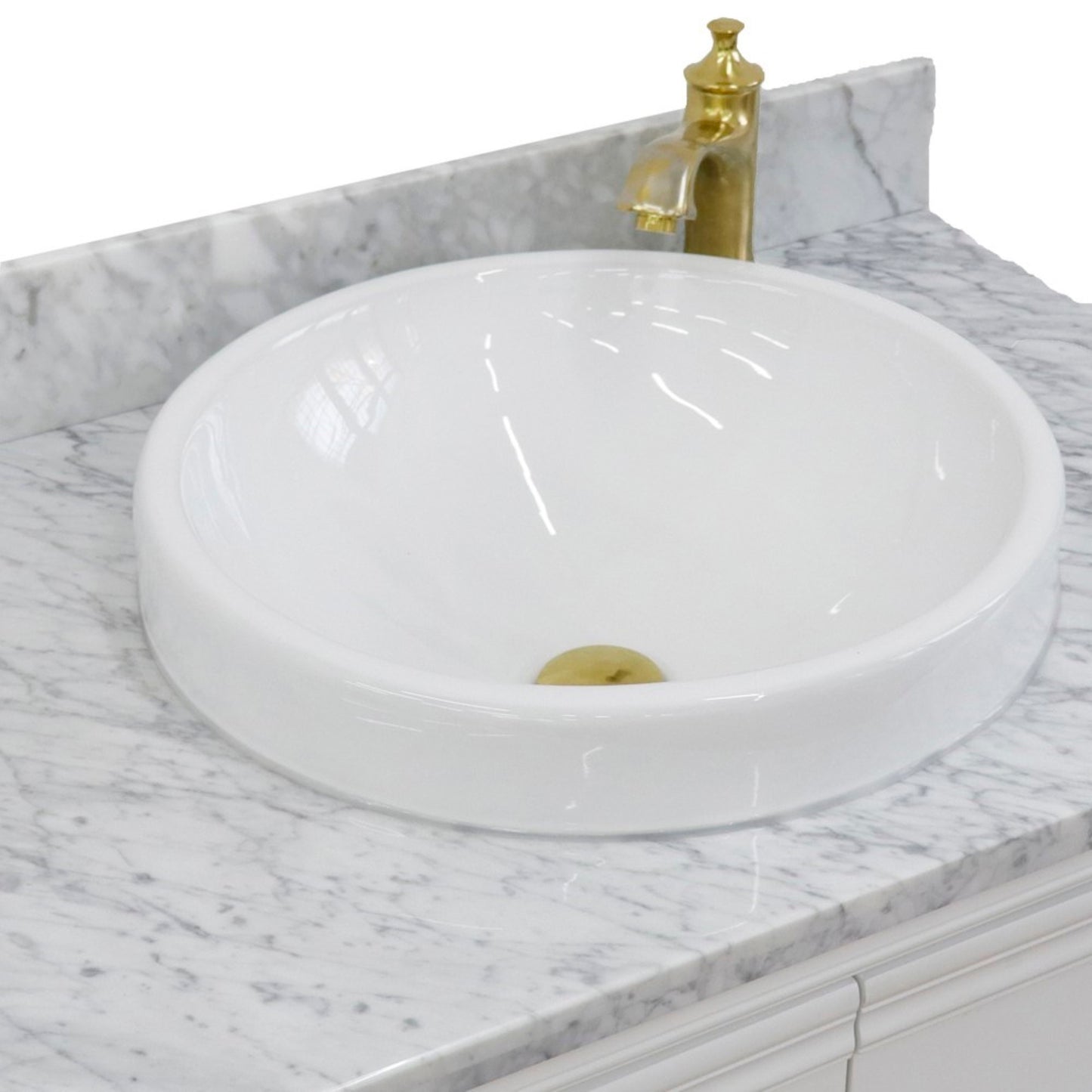 31" Single vanity in White finish with White Carrara and round sink