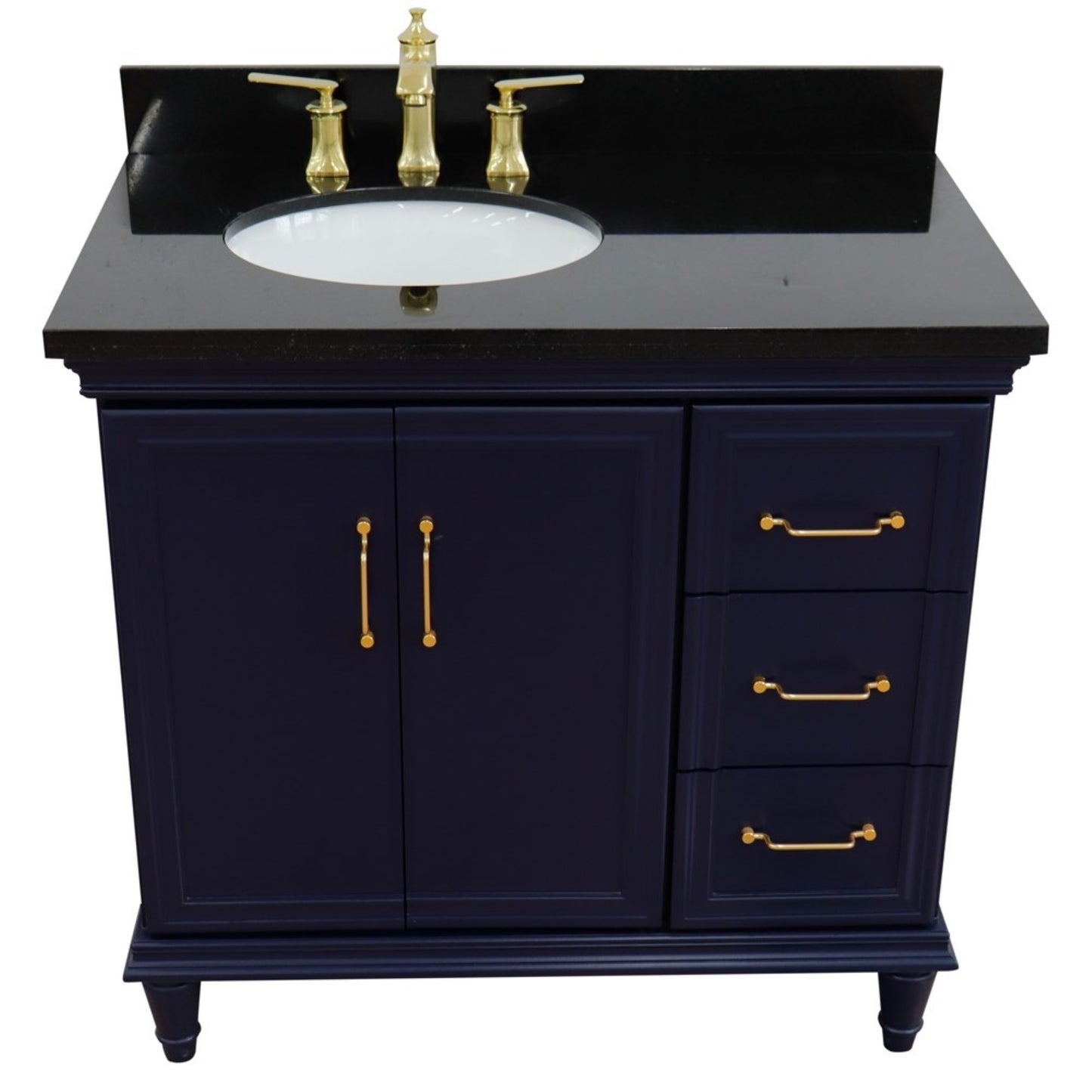 37" Single vanity in Blue finish with Black galaxy and oval sink Left door/Left sink