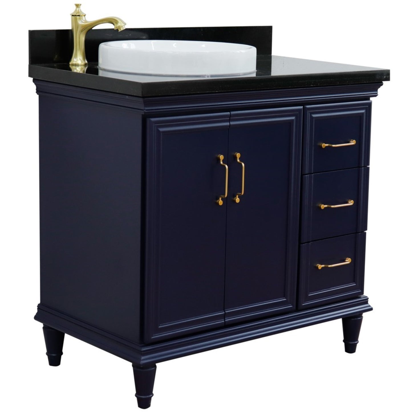 37" Single vanity in Blue finish with Black galaxy and round sink Left door/Left sink