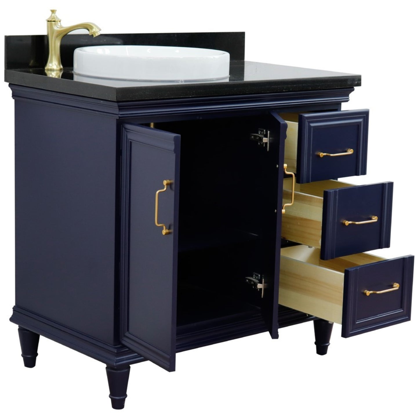 37" Single vanity in Blue finish with Black galaxy and round sink Left door/Left sink