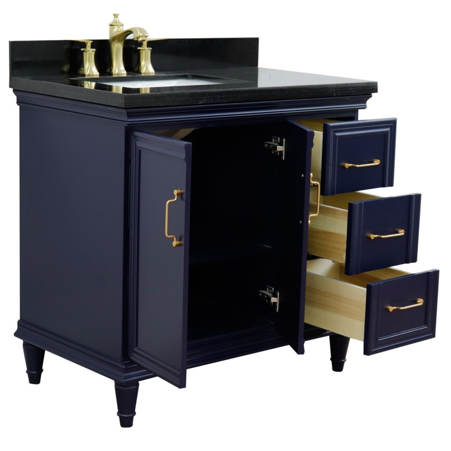 37" Single vanity in Blue finish with Black galaxy and rectangle sink Left door/Left sink