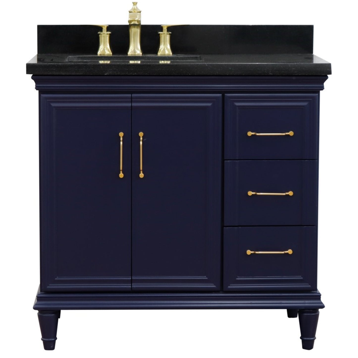 37" Single vanity in Blue finish with Black galaxy and rectangle sink Left door/Left sink