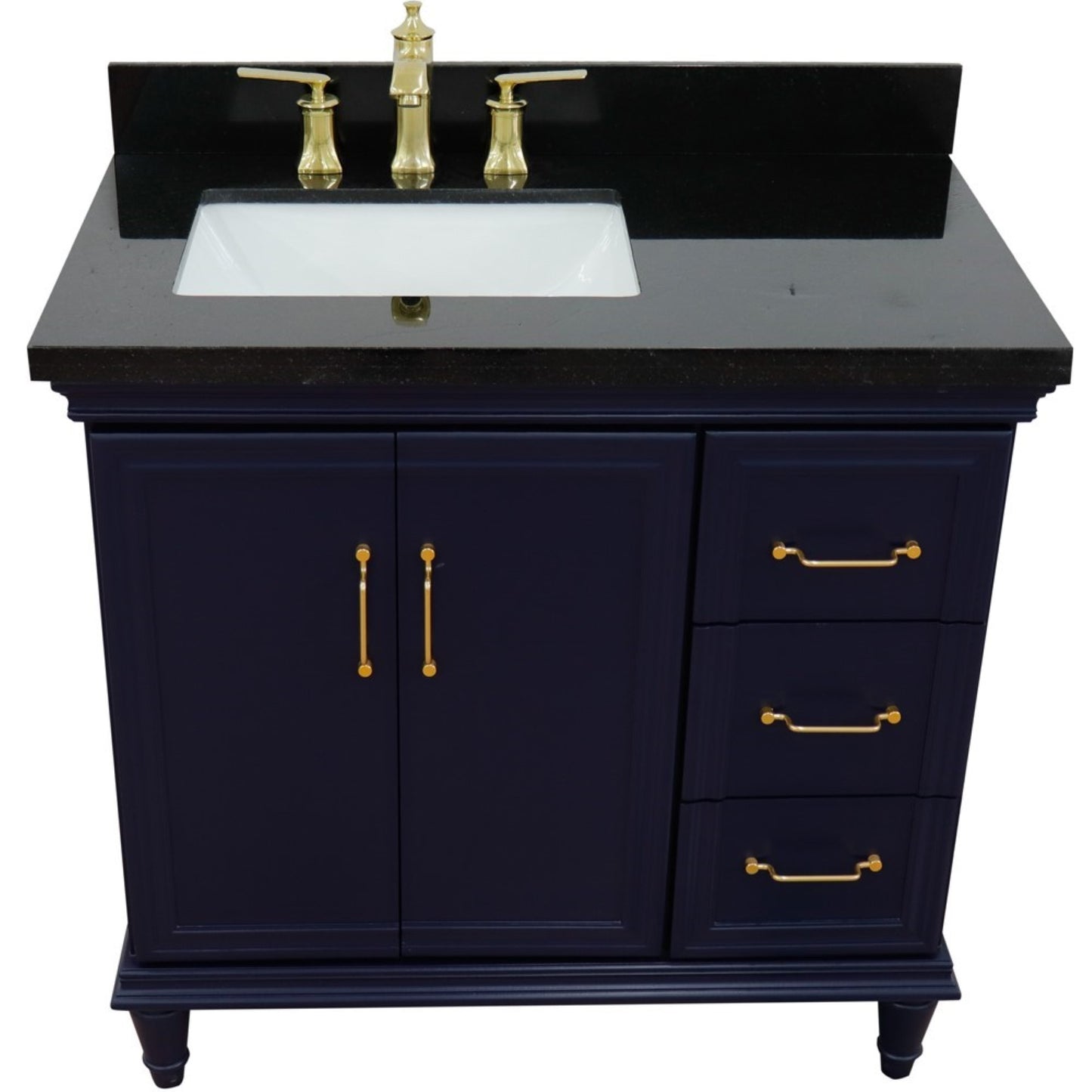 37" Single vanity in Blue finish with Black galaxy and rectangle sink Left door/Left sink