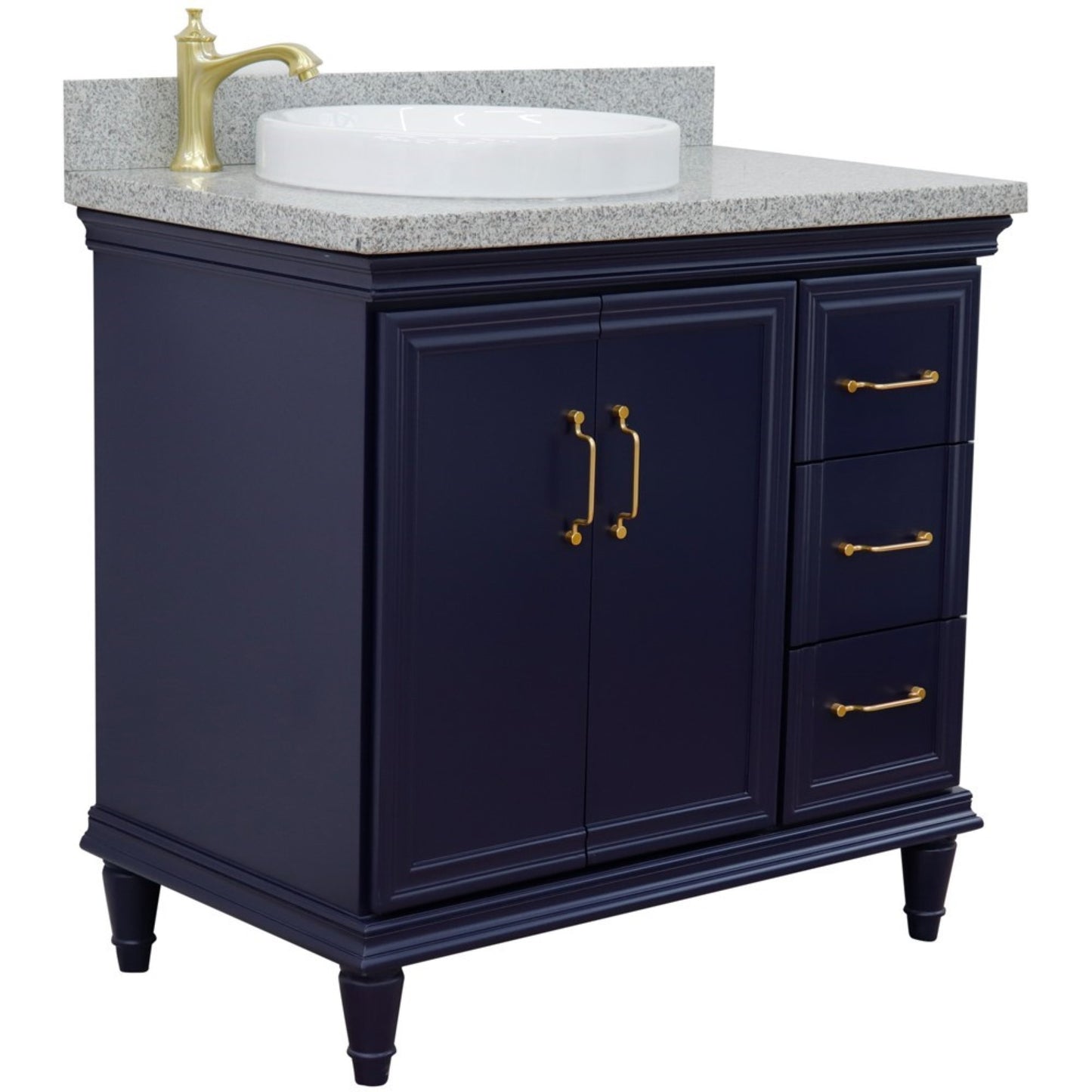 37" Single vanity in Blue finish with Gray granite and round sink Left door/Left sink
