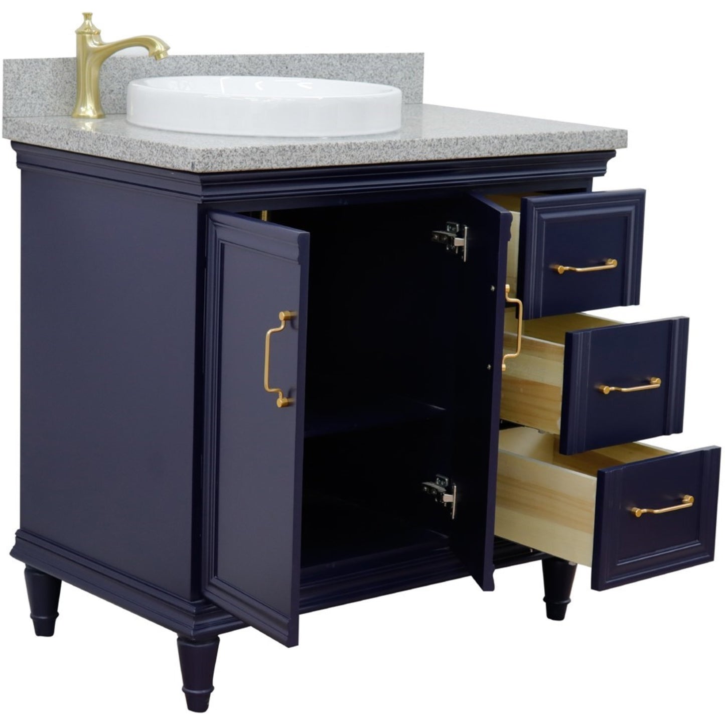 37" Single vanity in Blue finish with Gray granite and round sink Left door/Left sink