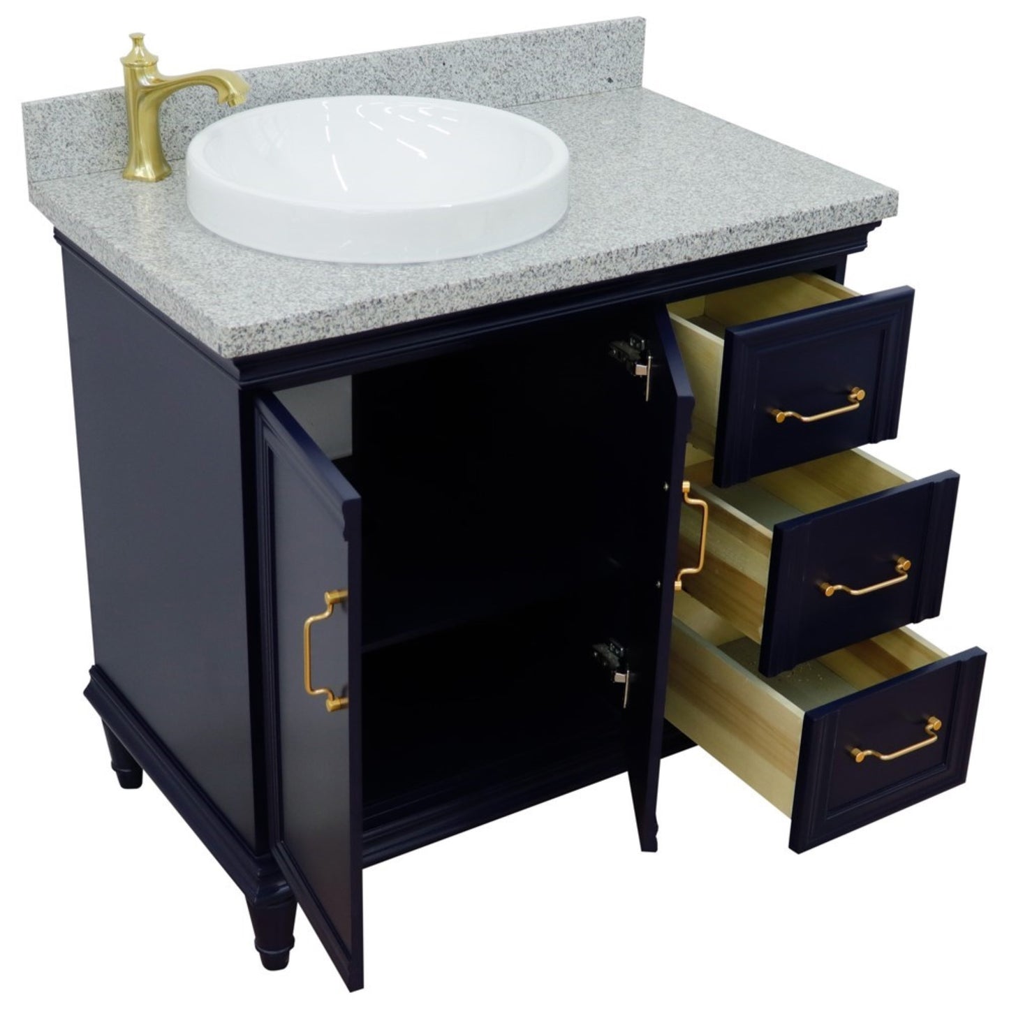 37" Single vanity in Blue finish with Gray granite and round sink Left door/Left sink