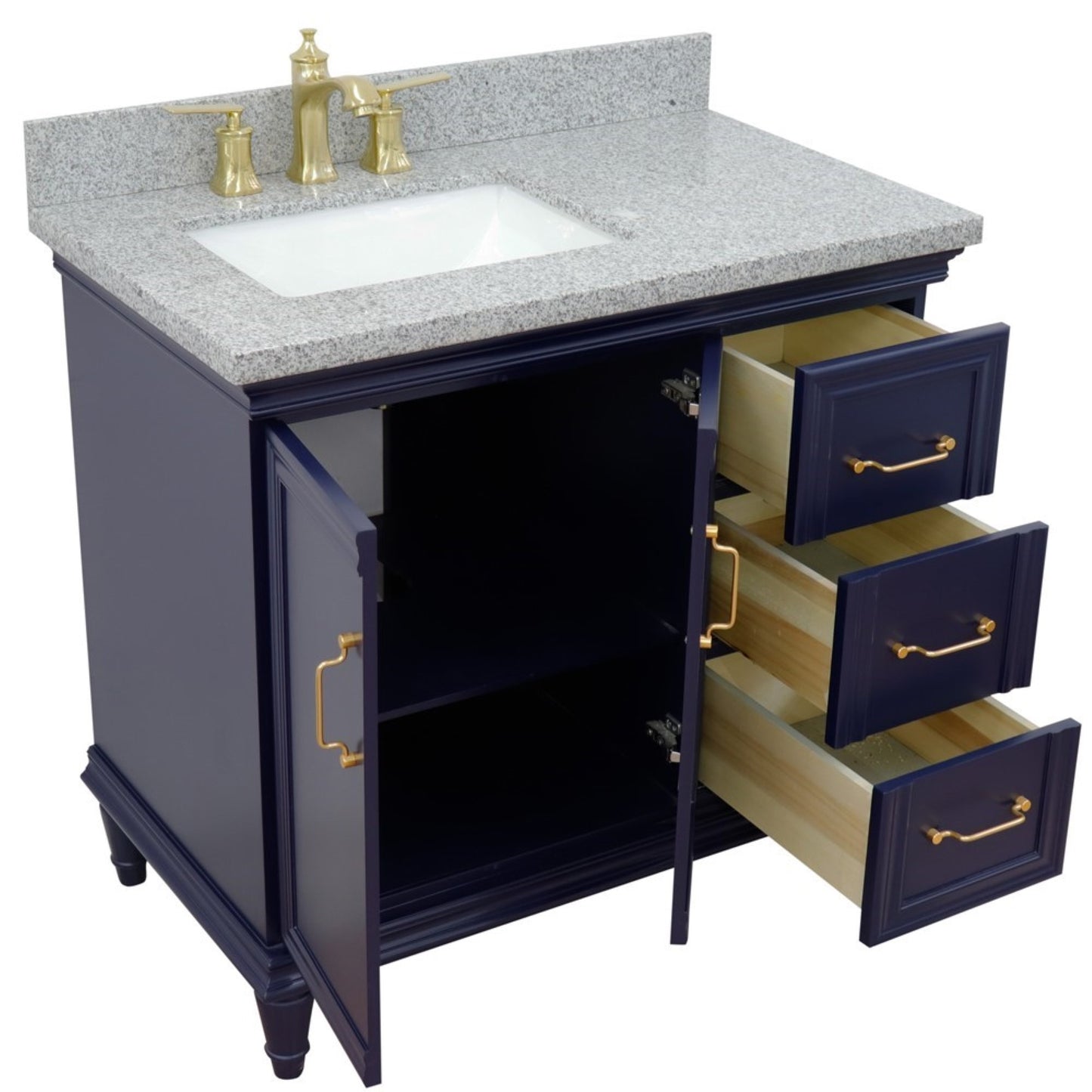 37" Single vanity in Blue finish with Gray granite and rectangle sink Left door/Left sink