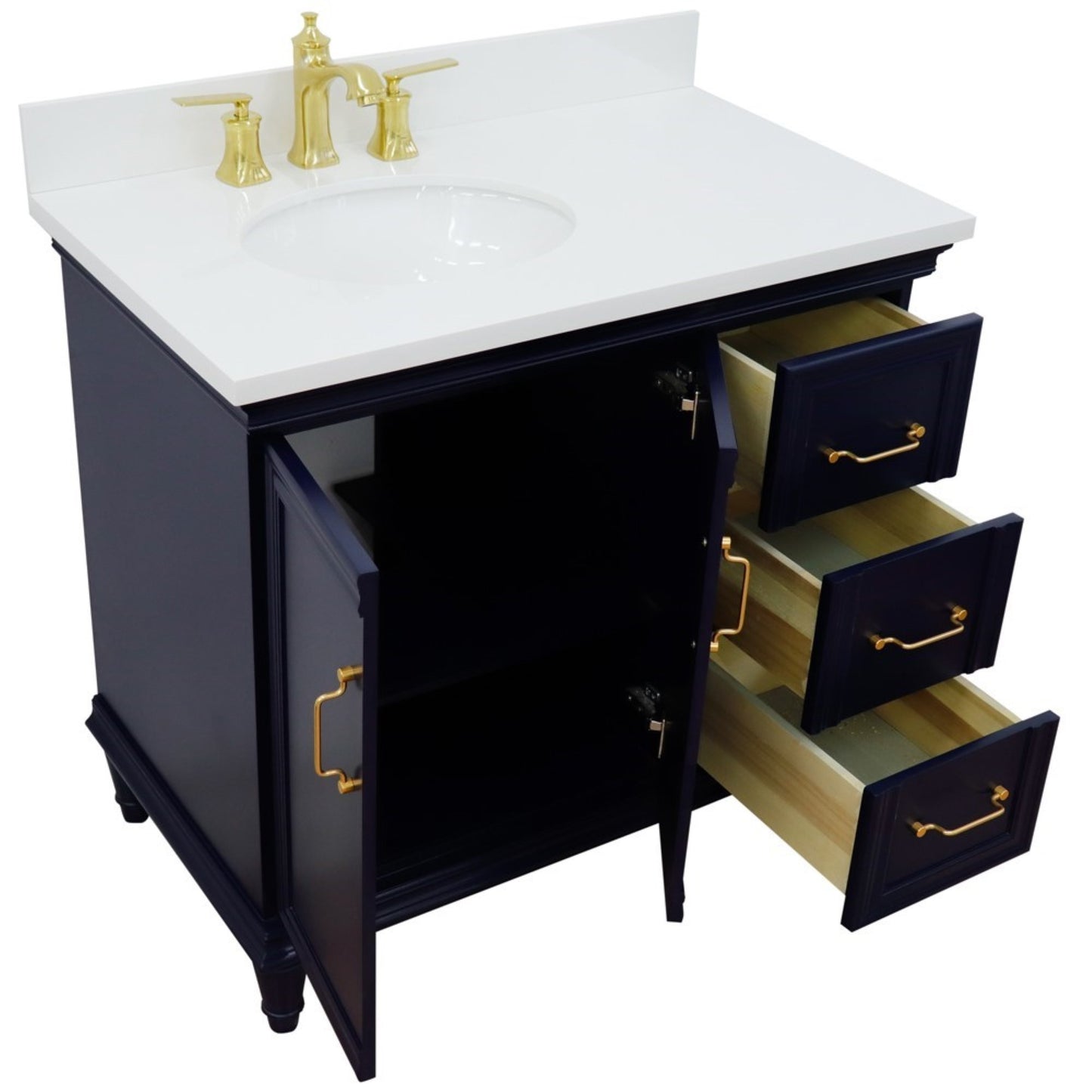 37" Single vanity in Blue finish with White engineered stone and oval sink Left door/Left sink