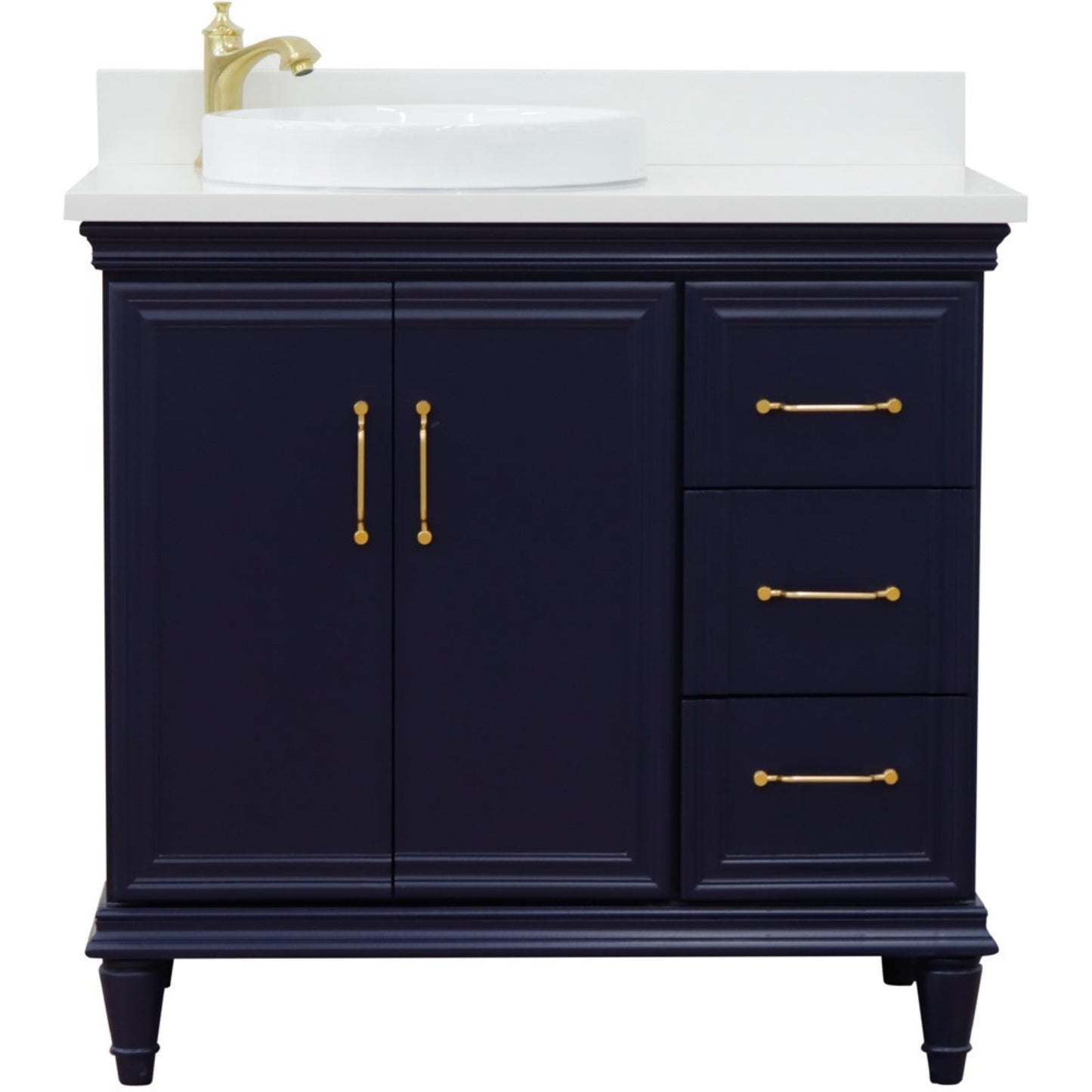 37" Single vanity in Blue finish with White engineered stone and round sink Left door/Left sink