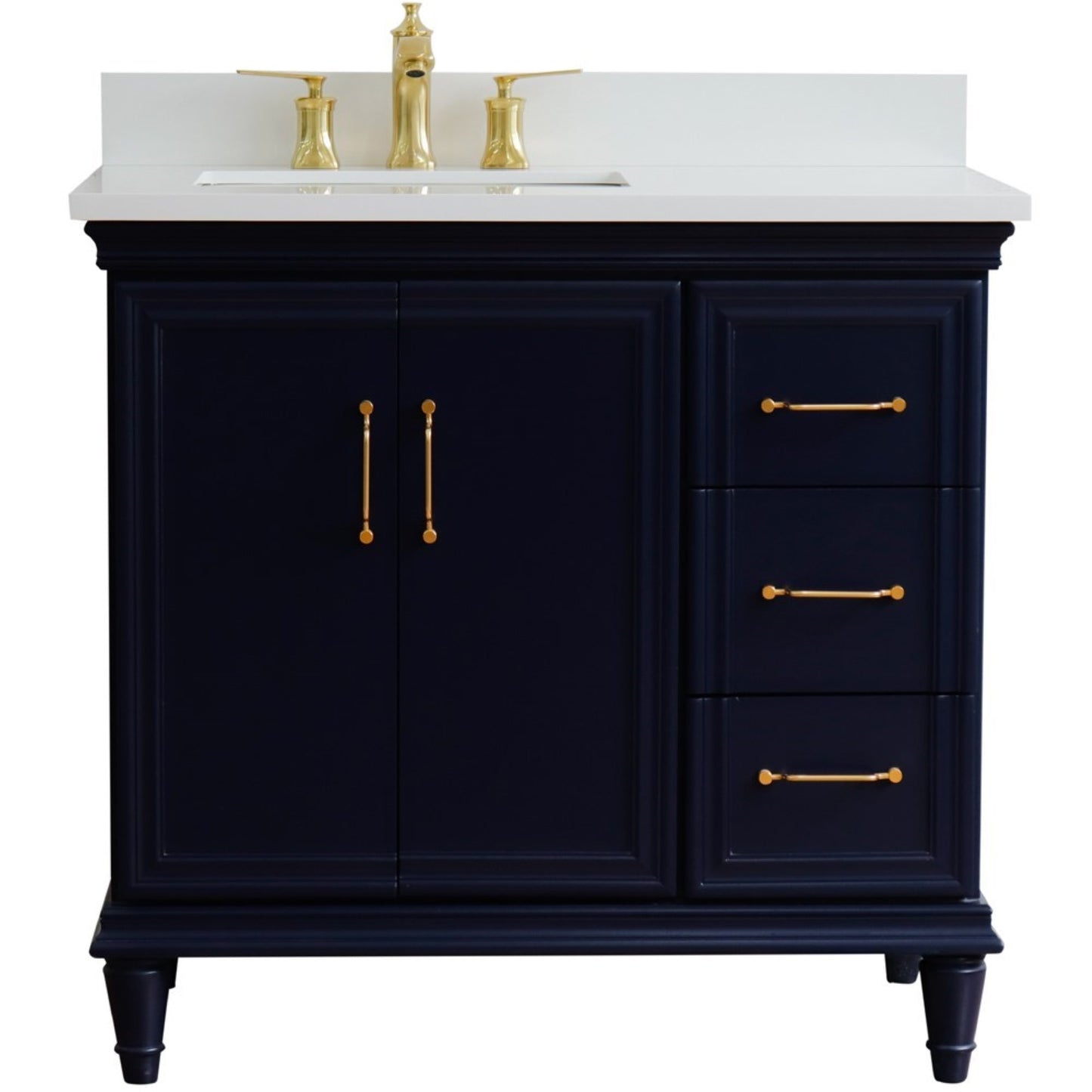 37" Single vanity in Blue finish with White engineered stone and rectangle sink Left door/Left sink