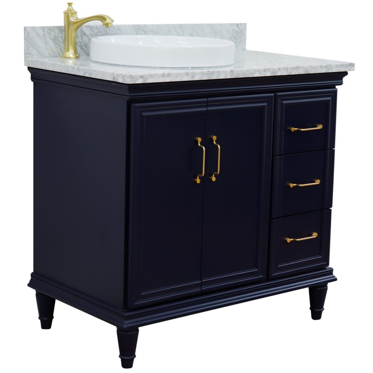 37" Single vanity in Blue finish with White Carrara and round sink Left door/Left sink
