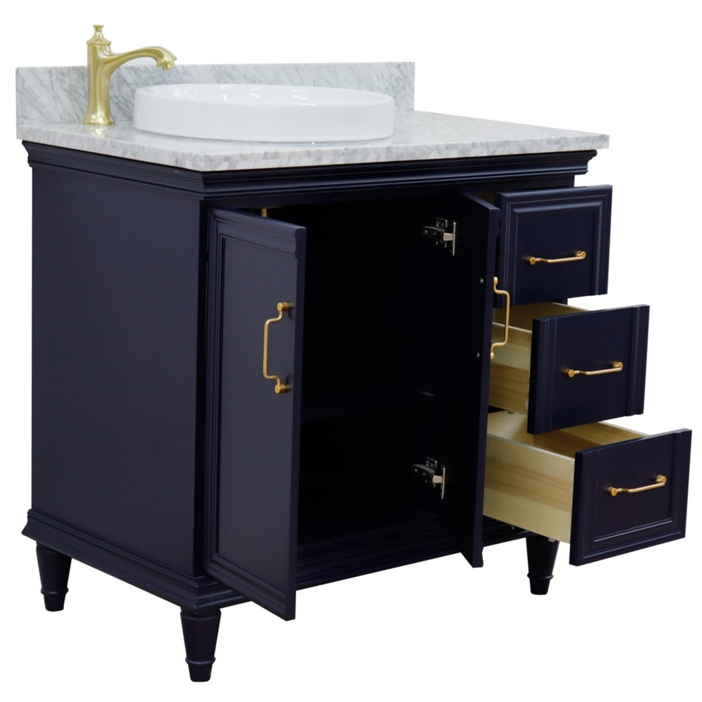 37" Single vanity in Blue finish with White Carrara and round sink Left door/Left sink