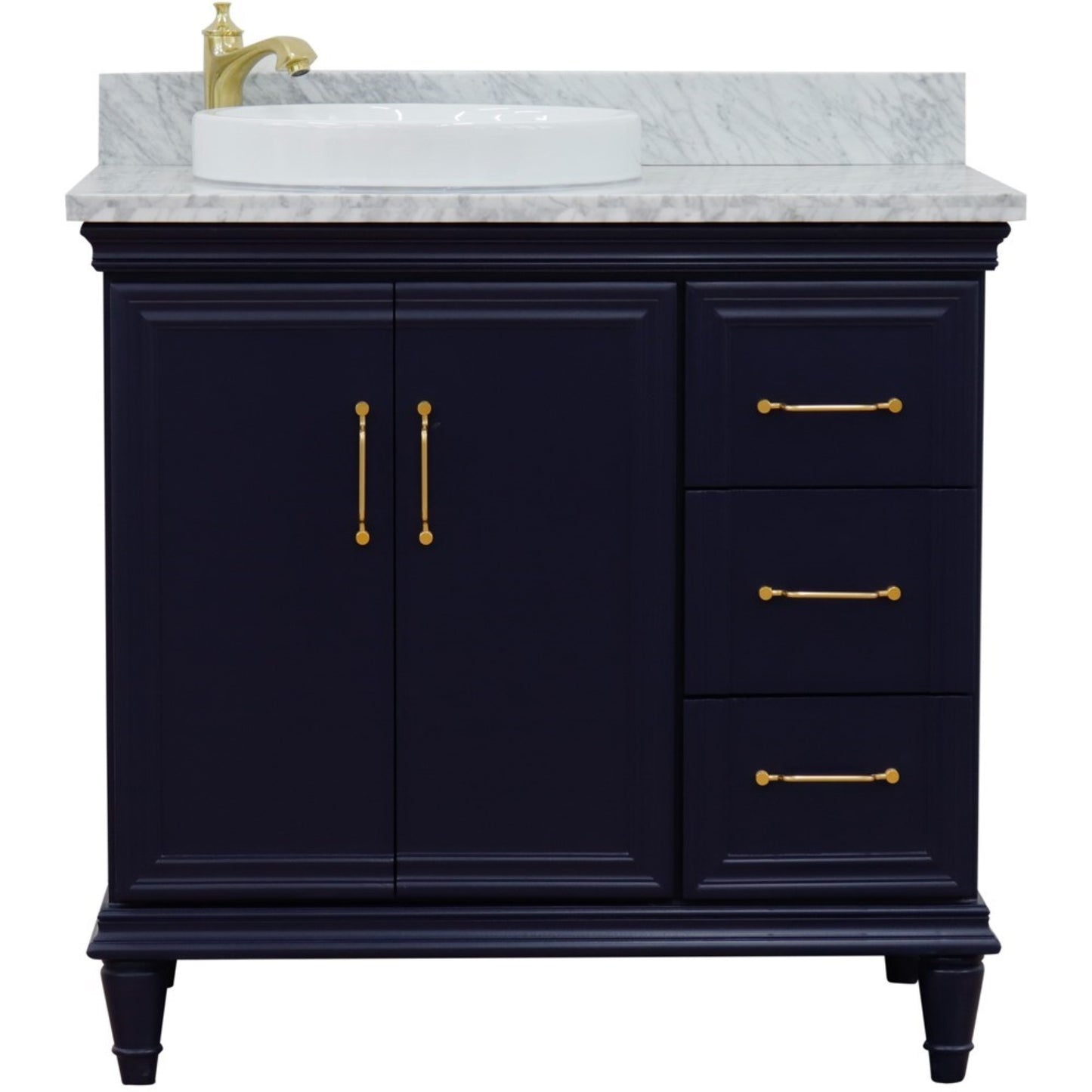 37" Single vanity in Blue finish with White Carrara and round sink Left door/Left sink