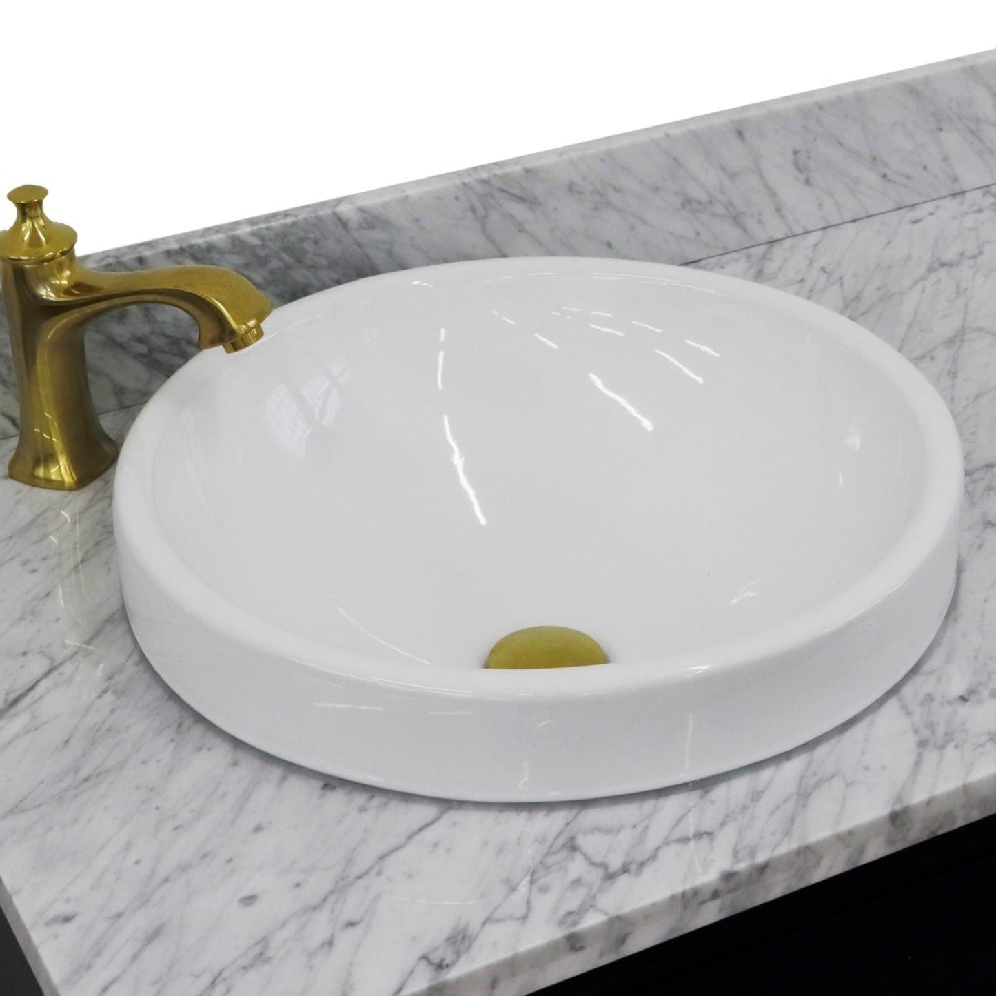 37" Single vanity in Blue finish with White Carrara and round sink Left door/Left sink