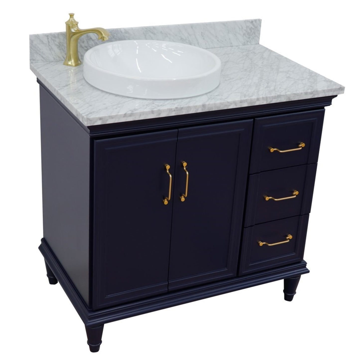 37" Single vanity in Blue finish with White Carrara and round sink Left door/Left sink