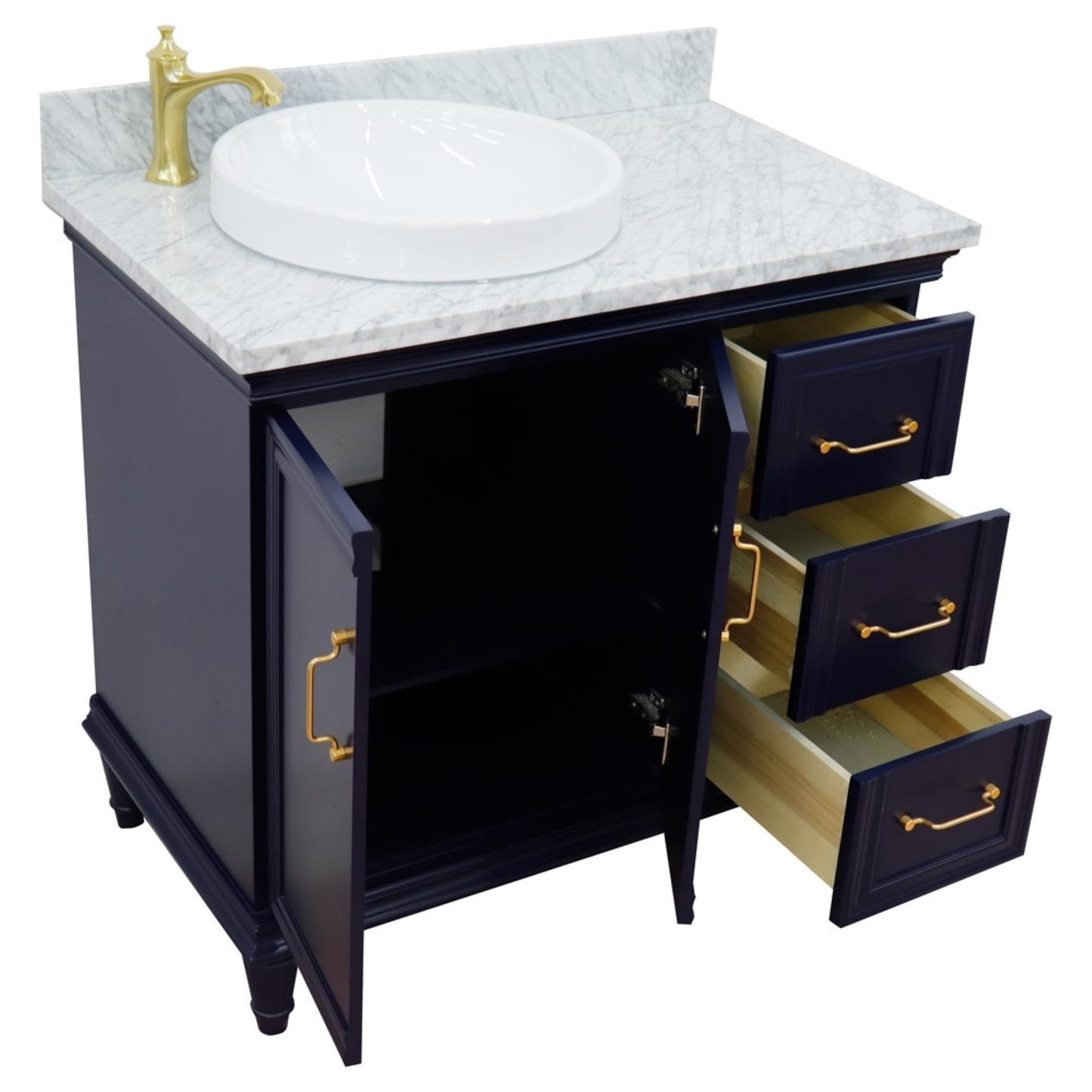 37" Single vanity in Blue finish with White Carrara and round sink Left door/Left sink