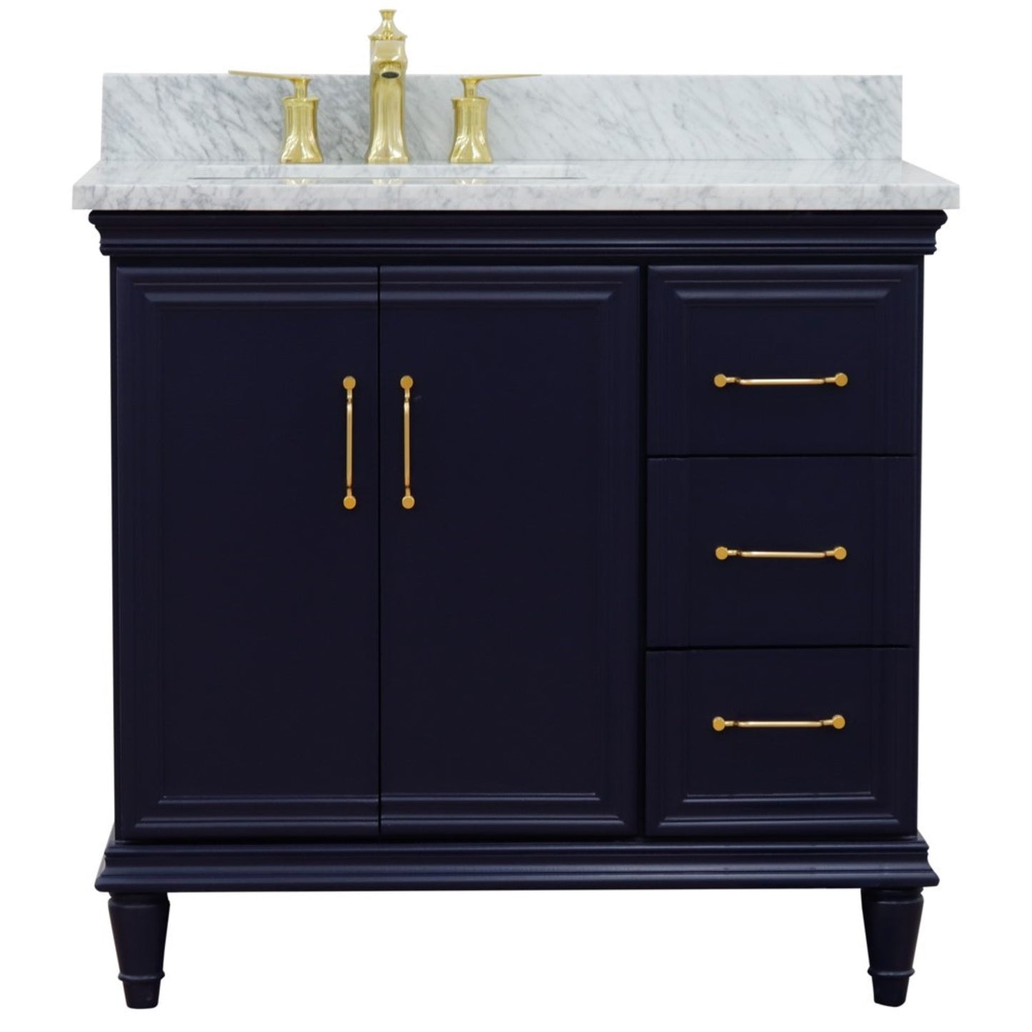 37" Single vanity in Blue finish with White Carrara and rectangle sink Left door/Left sink