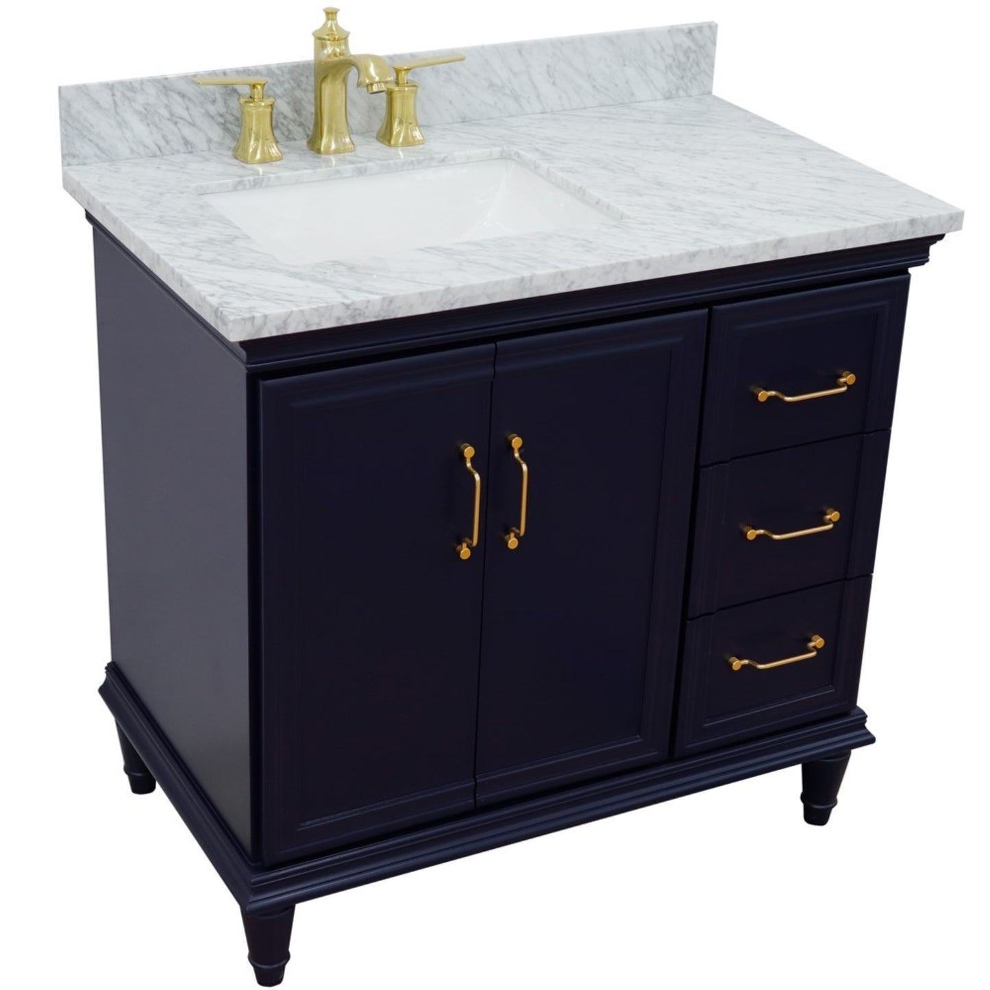 37" Single vanity in Blue finish with White Carrara and rectangle sink Left door/Left sink