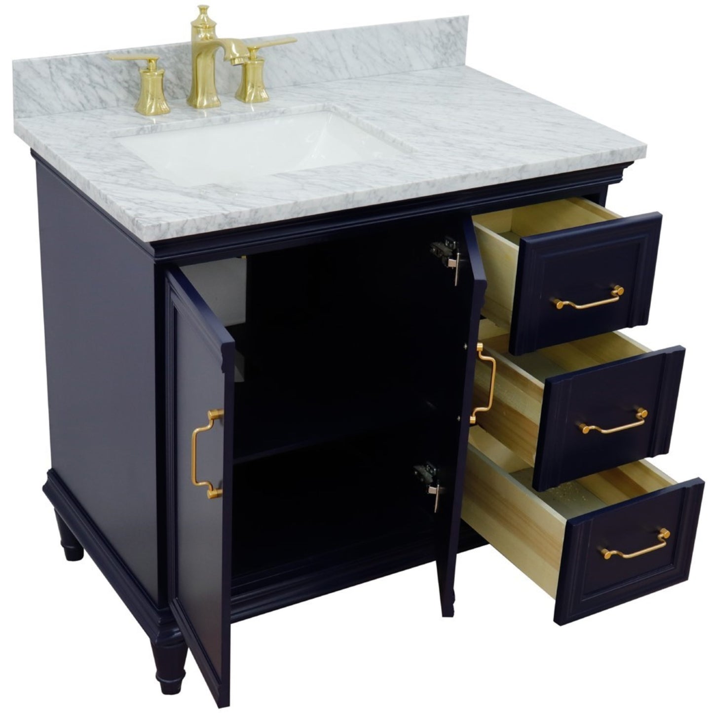 37" Single vanity in Blue finish with White Carrara and rectangle sink Left door/Left sink