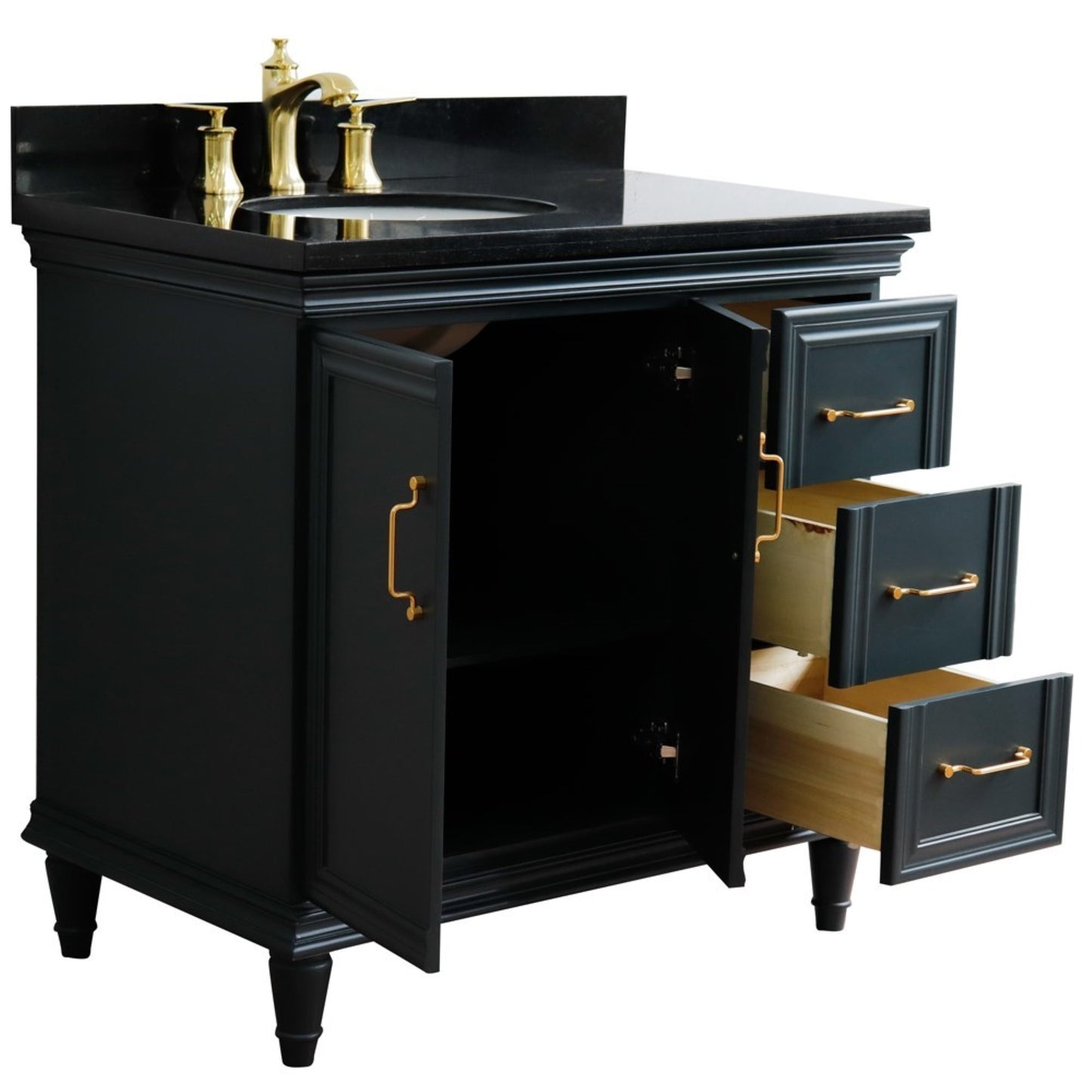 37" Single vanity in Dark Gray finish with Black galaxy and oval sink Left door/Left sink