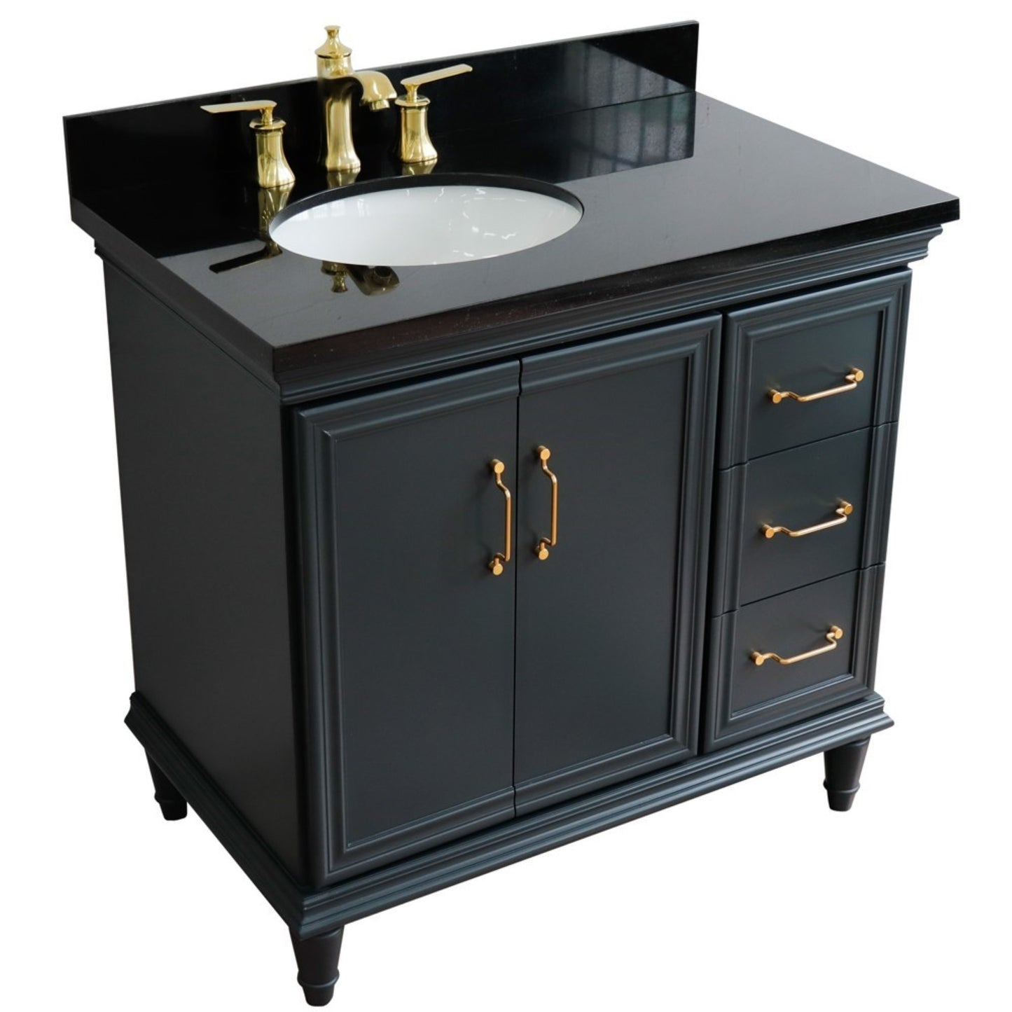 37" Single vanity in Dark Gray finish with Black galaxy and oval sink Left door/Left sink