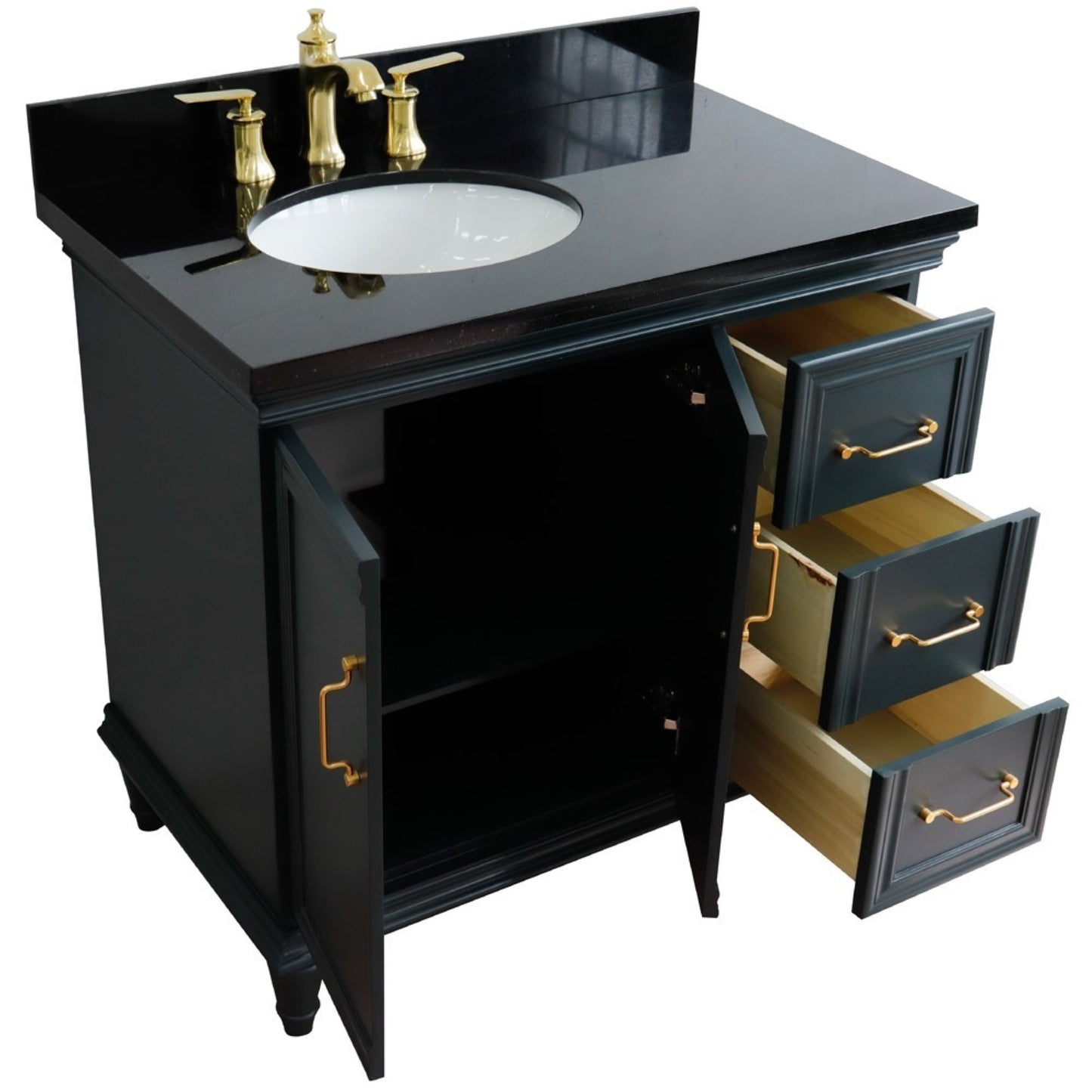 37" Single vanity in Dark Gray finish with Black galaxy and oval sink Left door/Left sink