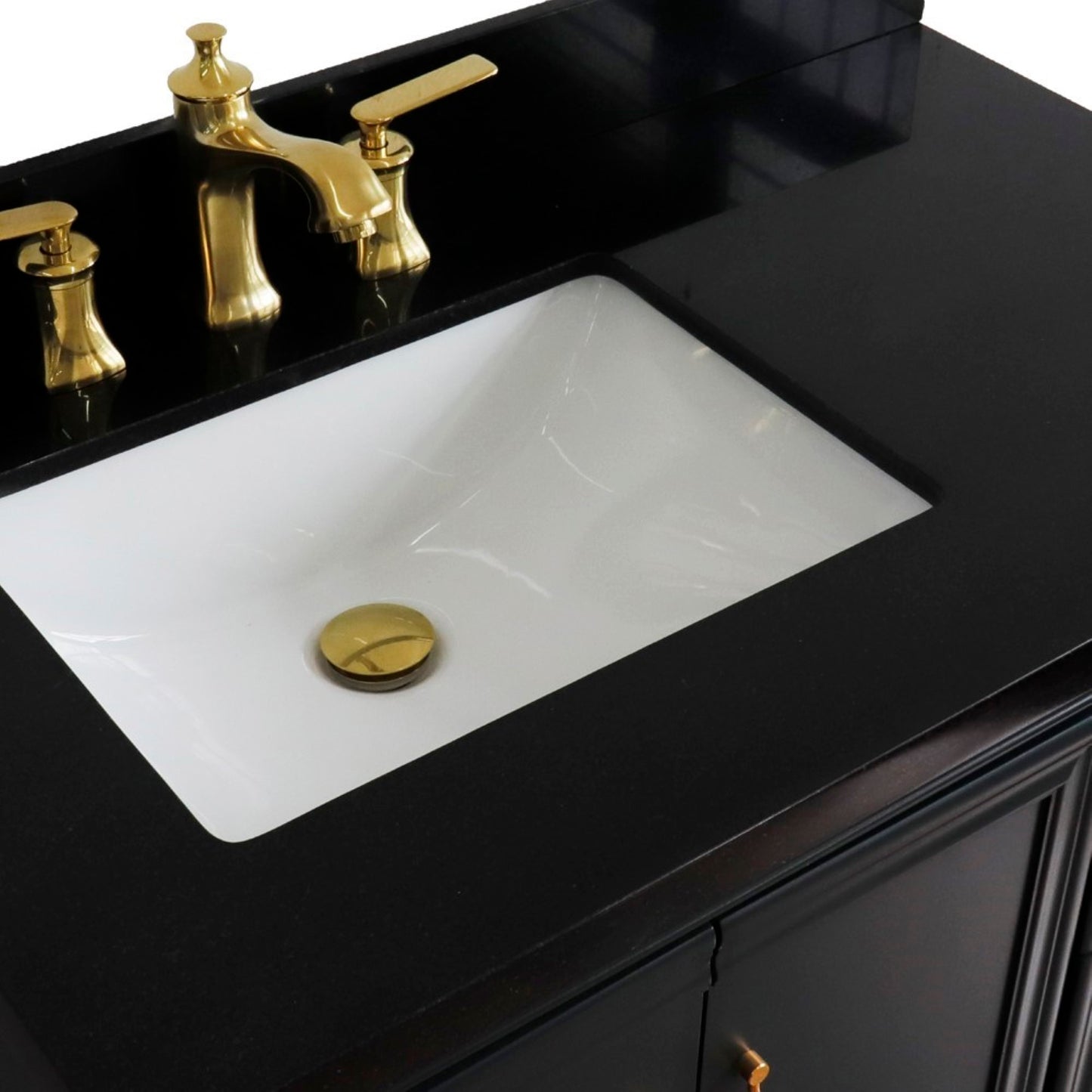 37" Single vanity in Dark Gray finish with Black galaxy and rectangle sink Left door/Left sink