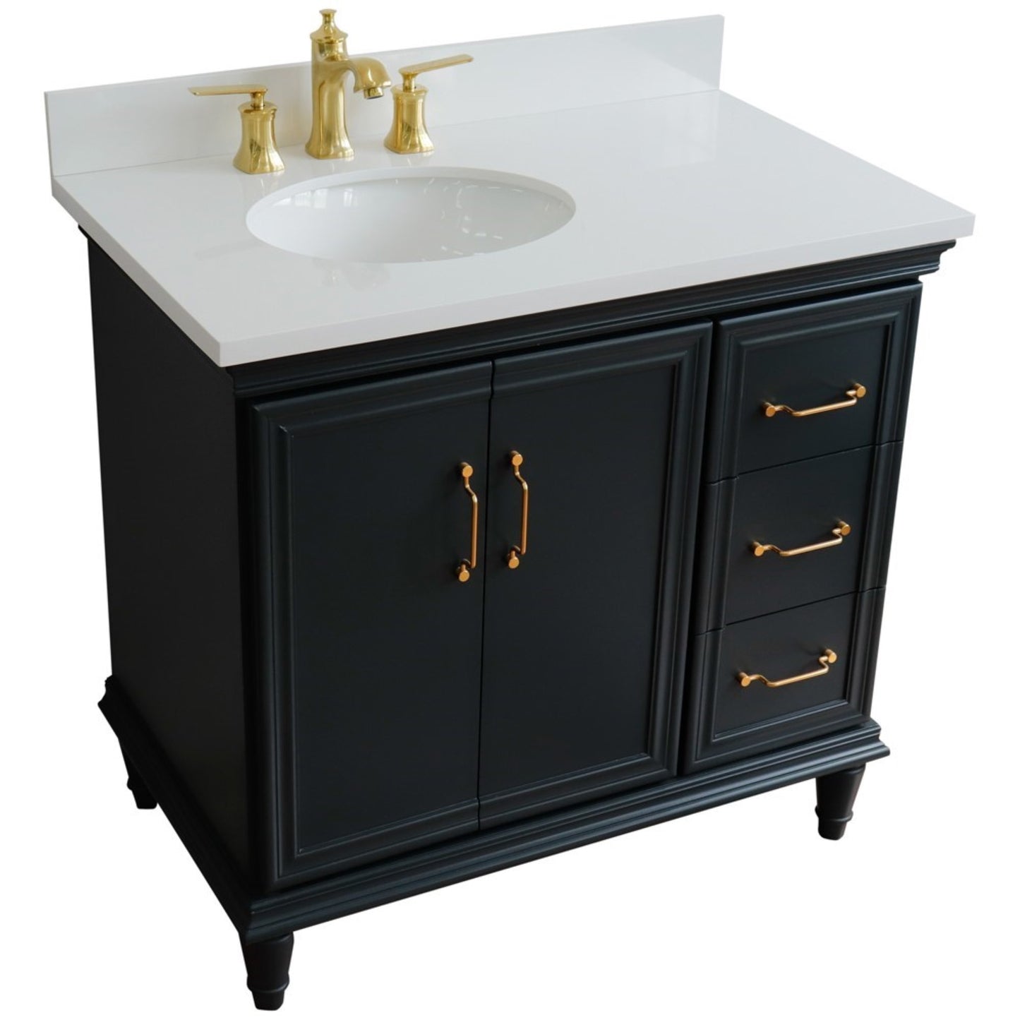 37" Single vanity in Dark Gray finish with White engineered stone and oval sink Left door/Left sink