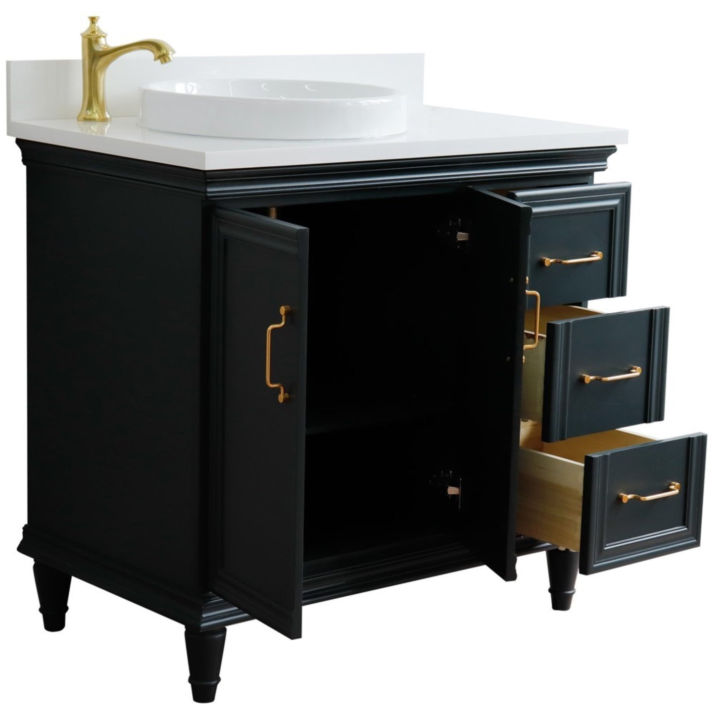 37" Single vanity in Dark Gray finish with White engineered stone and round sink Left door/Left sink