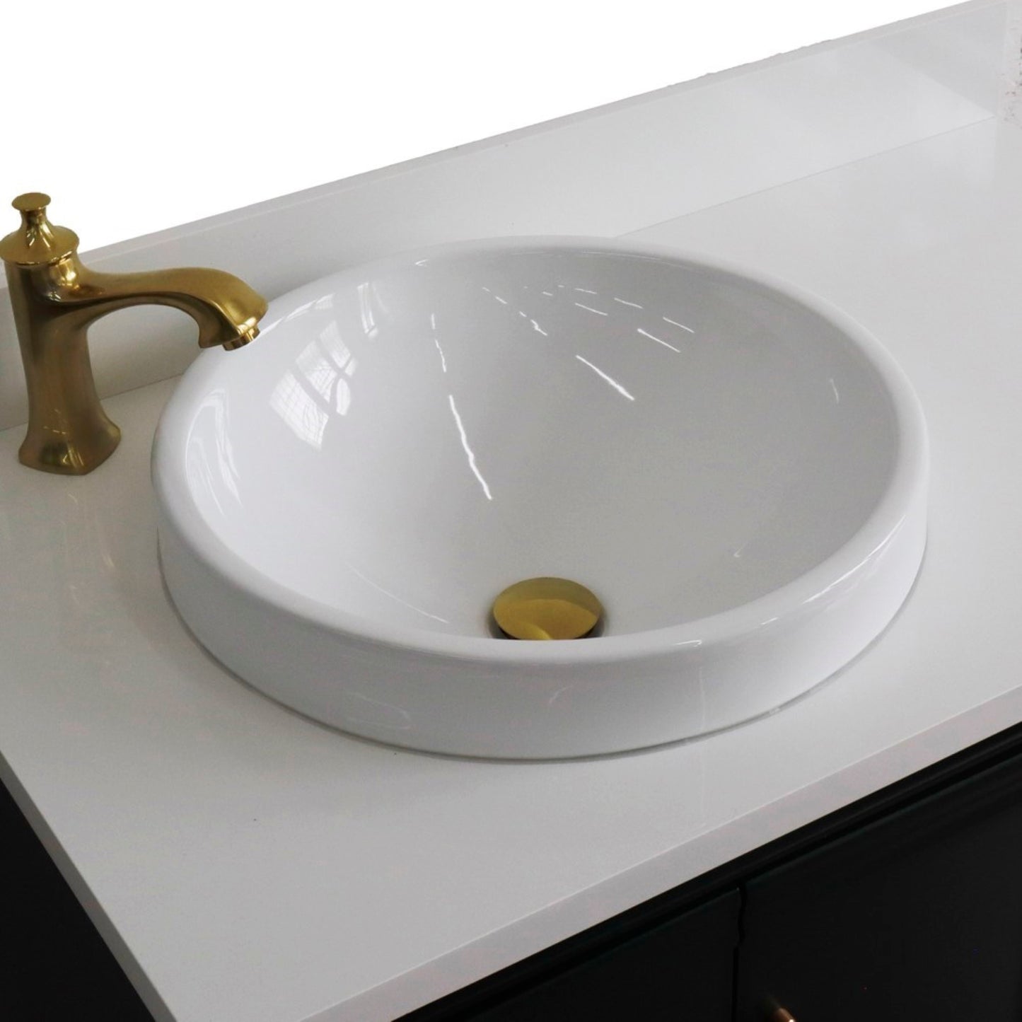 37" Single vanity in Dark Gray finish with White engineered stone and round sink Left door/Left sink
