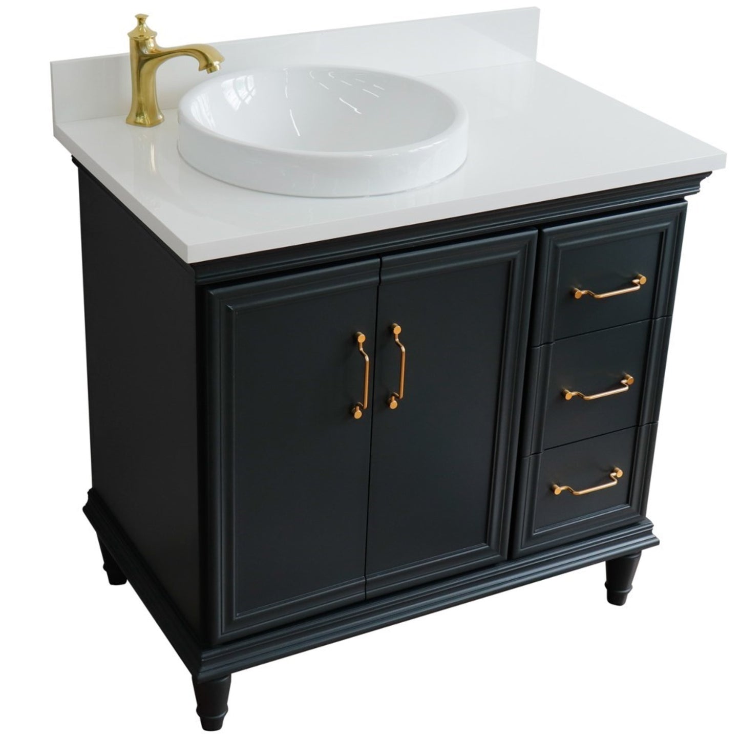 37" Single vanity in Dark Gray finish with White engineered stone and round sink Left door/Left sink