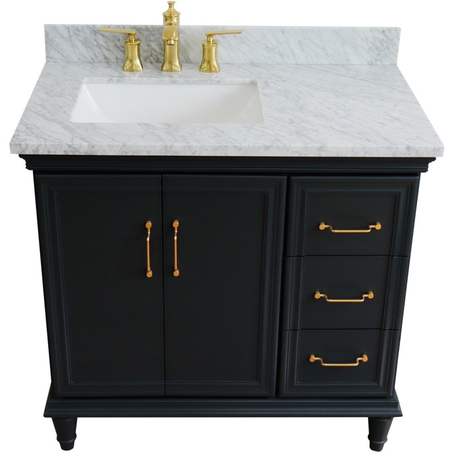 37" Single vanity in Dark Gray finish with White Carrara and rectangle sink Left door/Left sink