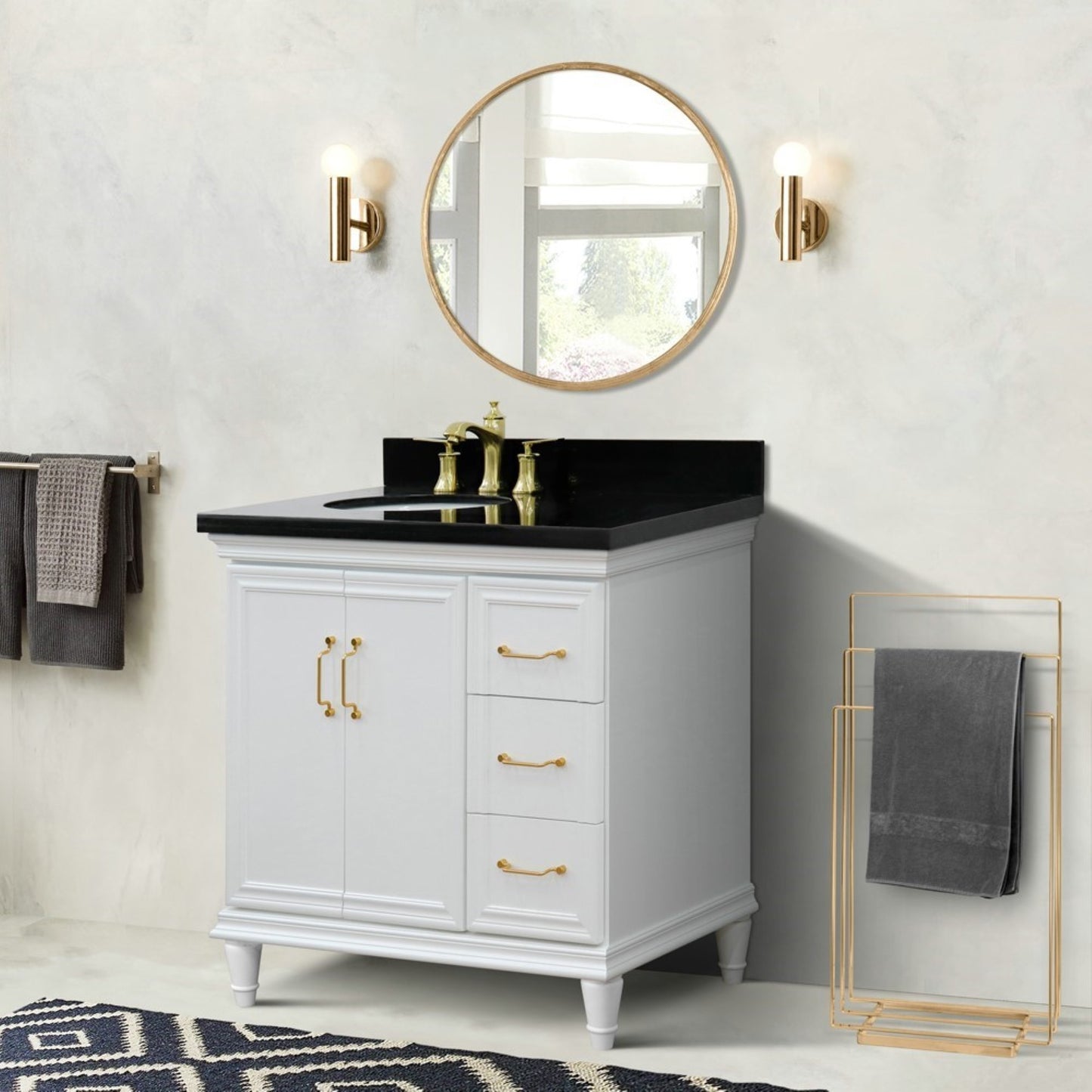 37" Single vanity in White finish with Black galaxy and oval sink Left door/Left sink