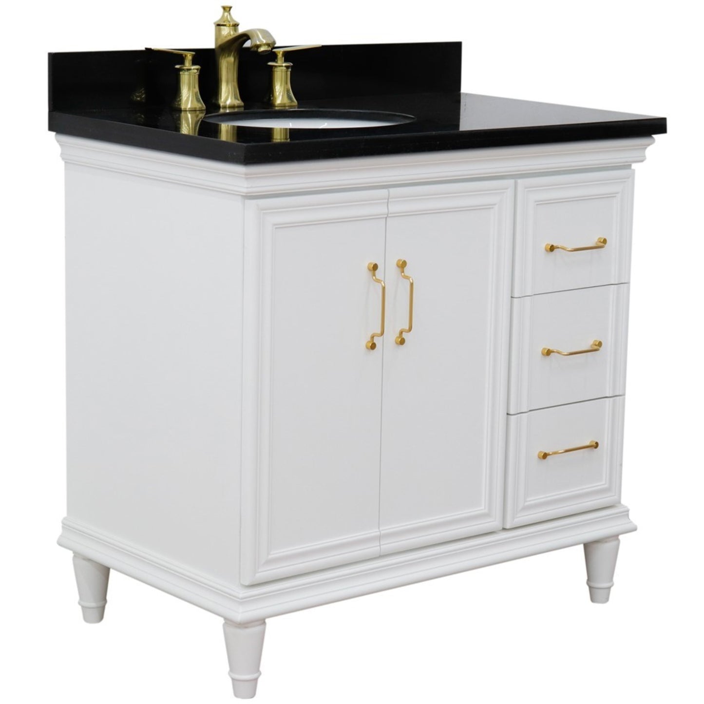 37" Single vanity in White finish with Black galaxy and oval sink Left door/Left sink