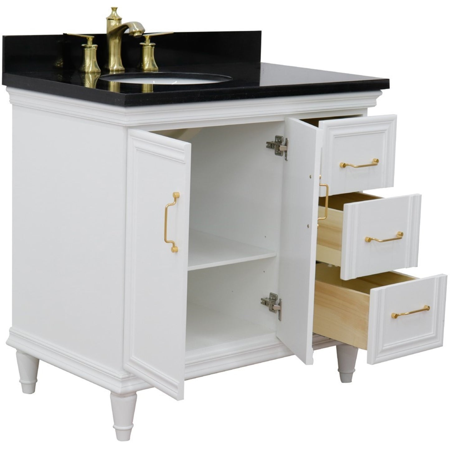37" Single vanity in White finish with Black galaxy and oval sink Left door/Left sink