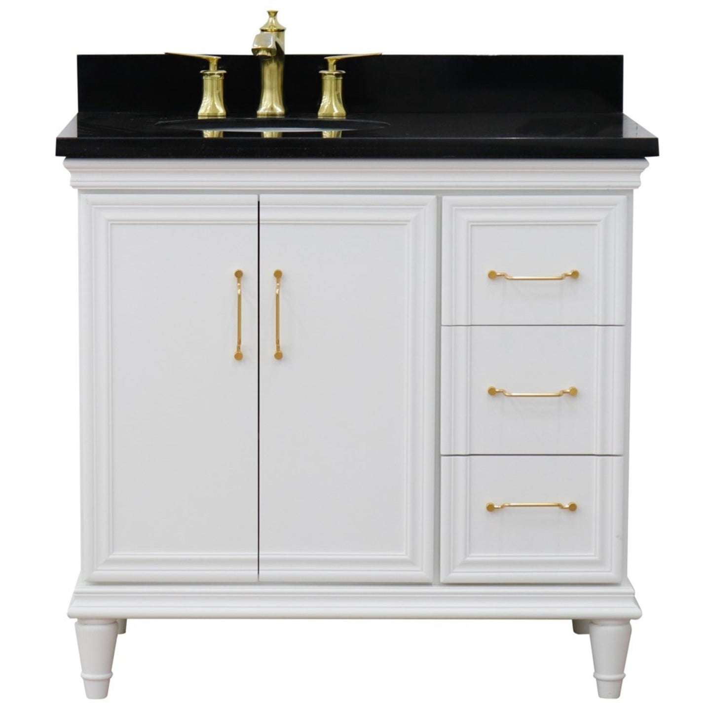 37" Single vanity in White finish with Black galaxy and oval sink Left door/Left sink