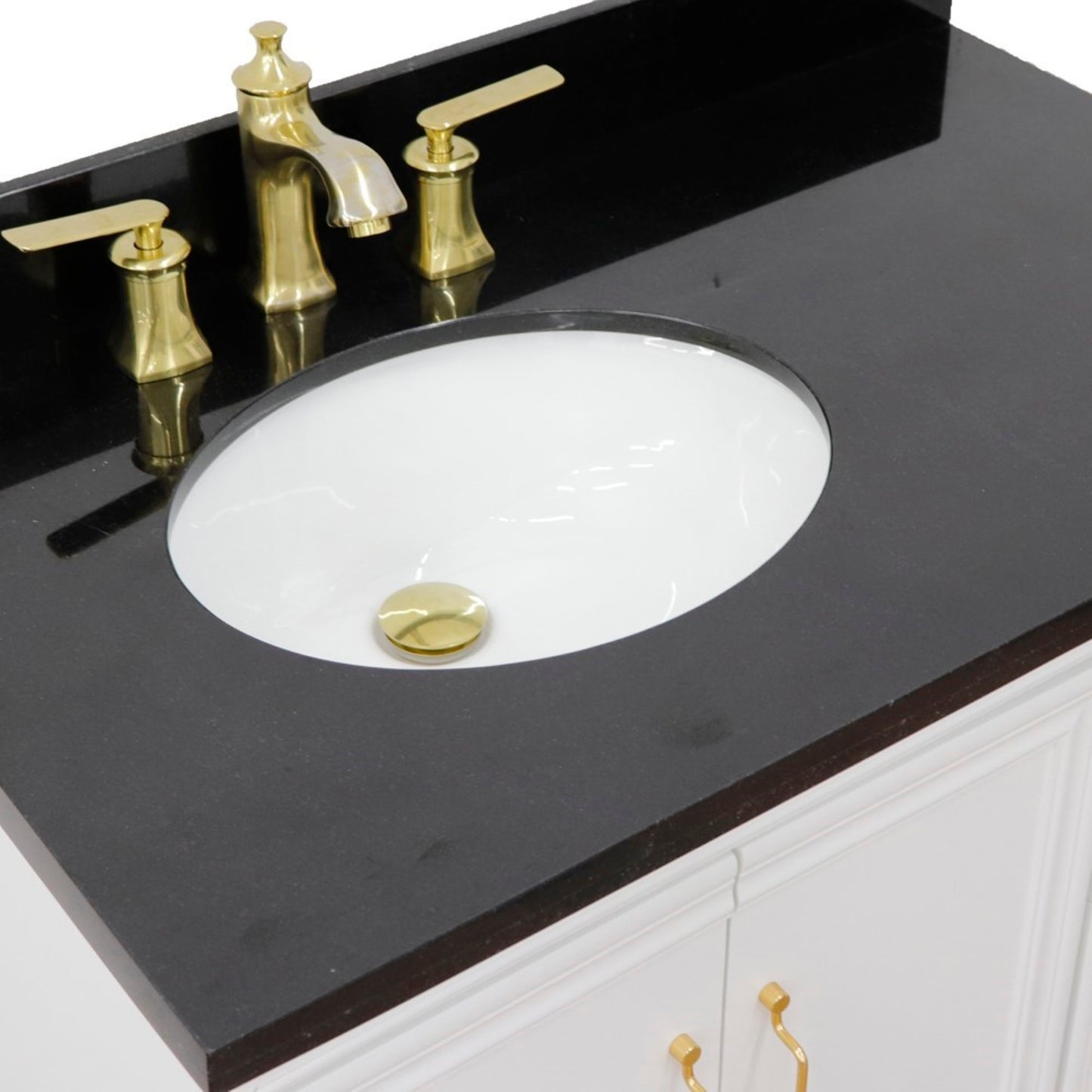 37" Single vanity in White finish with Black galaxy and oval sink Left door/Left sink