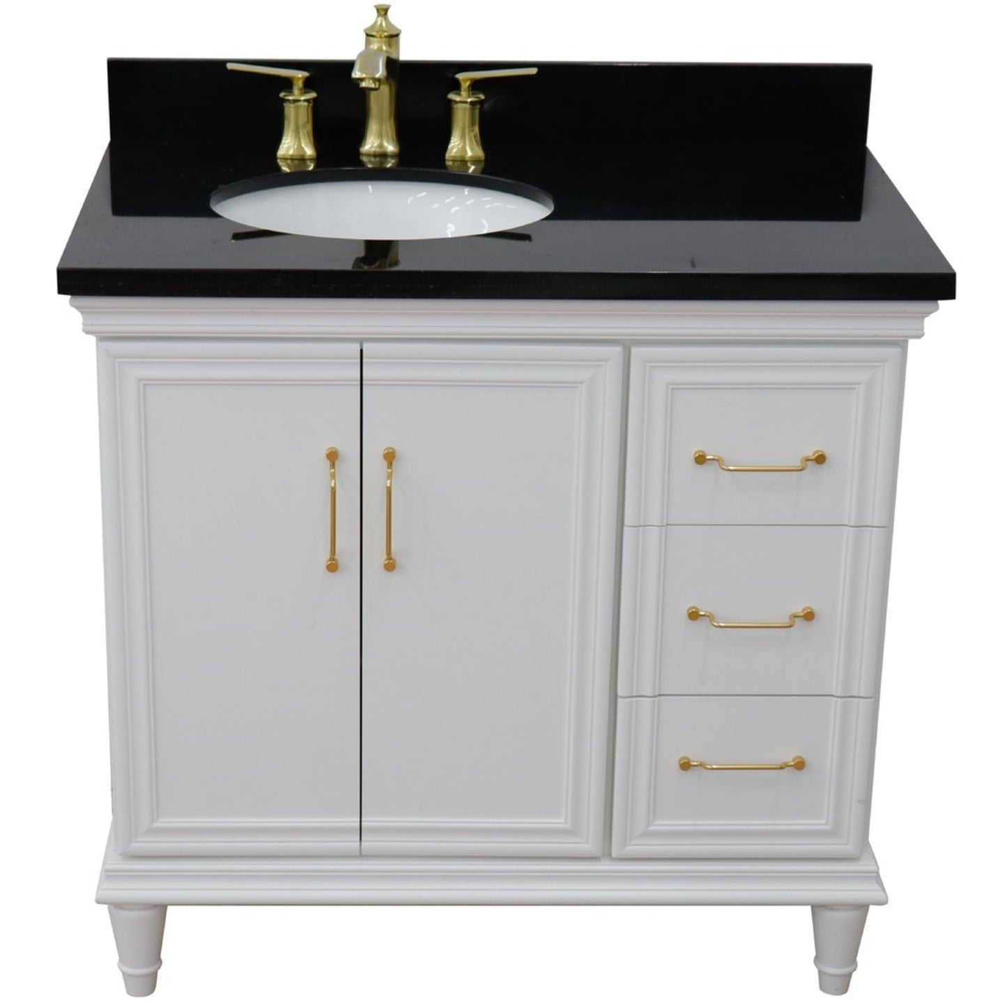 37" Single vanity in White finish with Black galaxy and oval sink Left door/Left sink