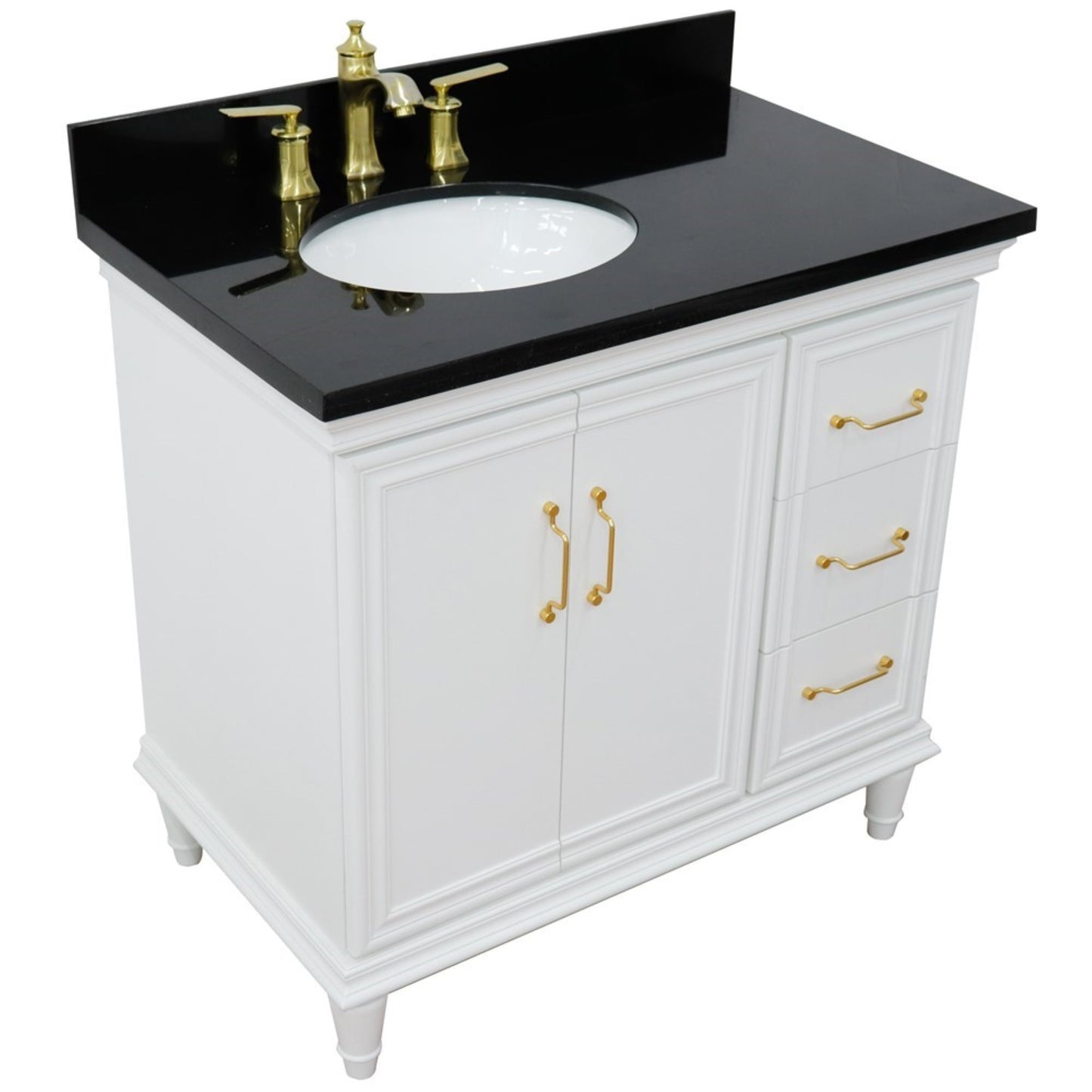 37" Single vanity in White finish with Black galaxy and oval sink Left door/Left sink