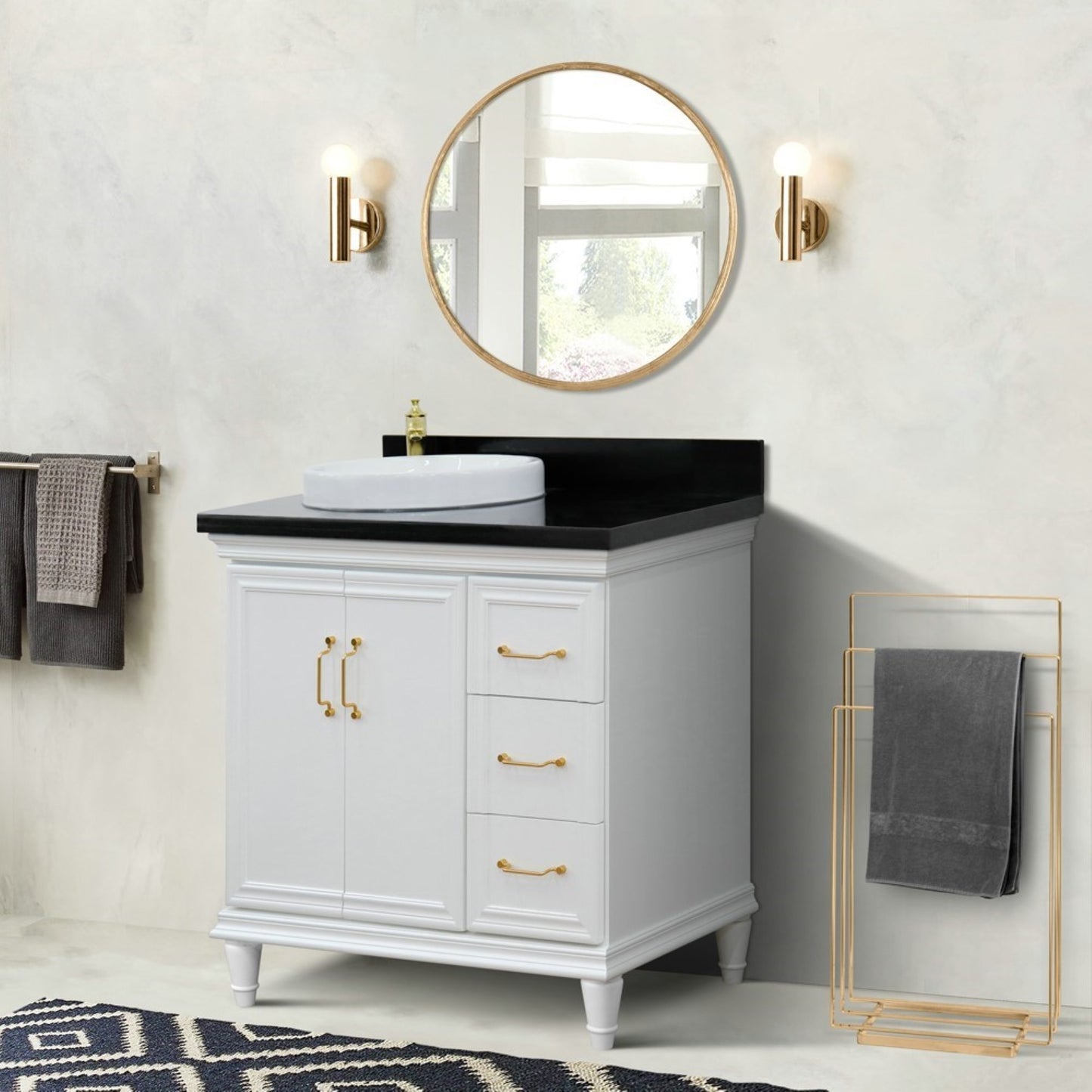 37" Single vanity in White finish with Black galaxy and round sink Left door/Left sink