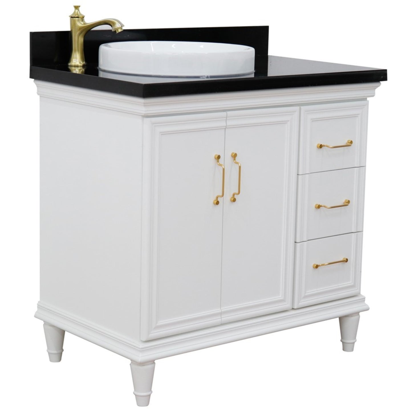 37" Single vanity in White finish with Black galaxy and round sink Left door/Left sink