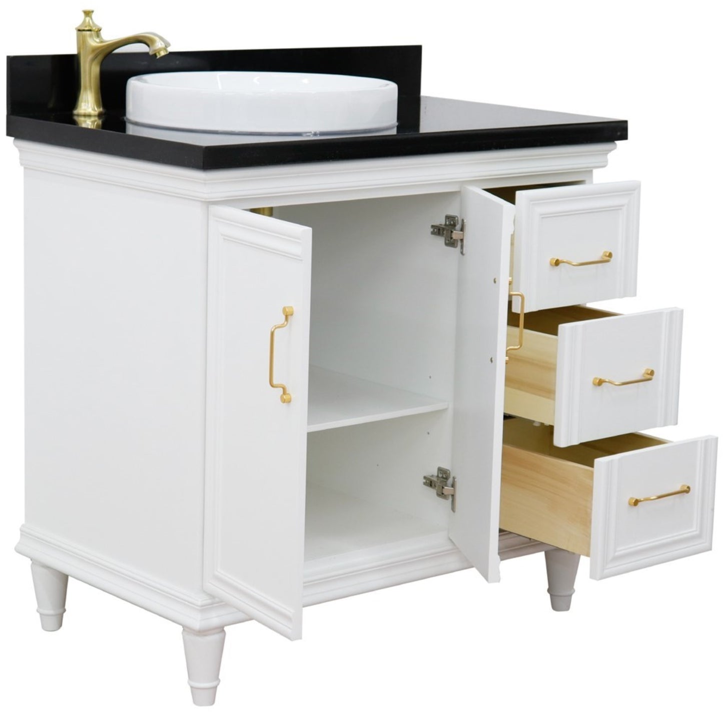 37" Single vanity in White finish with Black galaxy and round sink Left door/Left sink