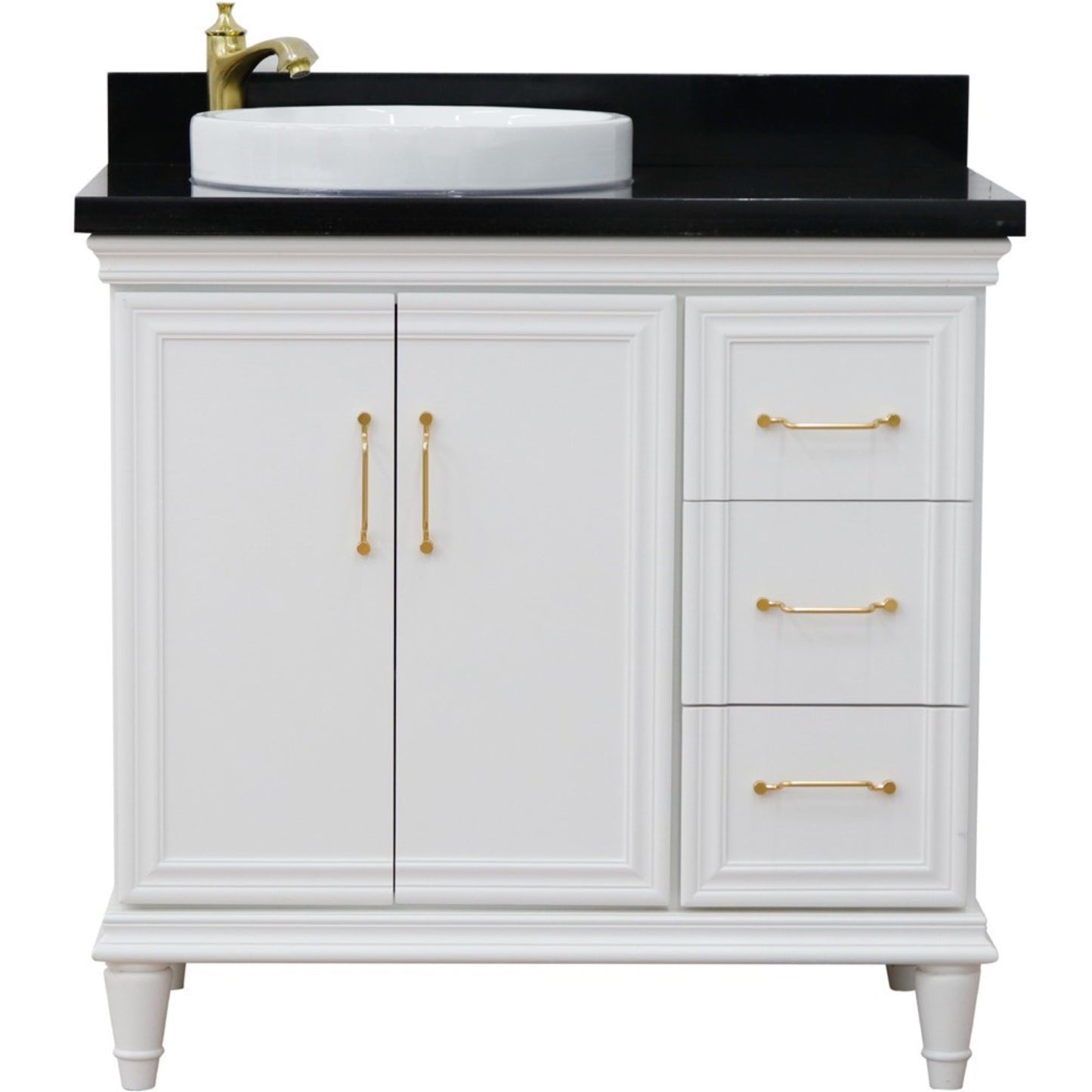 37" Single vanity in White finish with Black galaxy and round sink Left door/Left sink