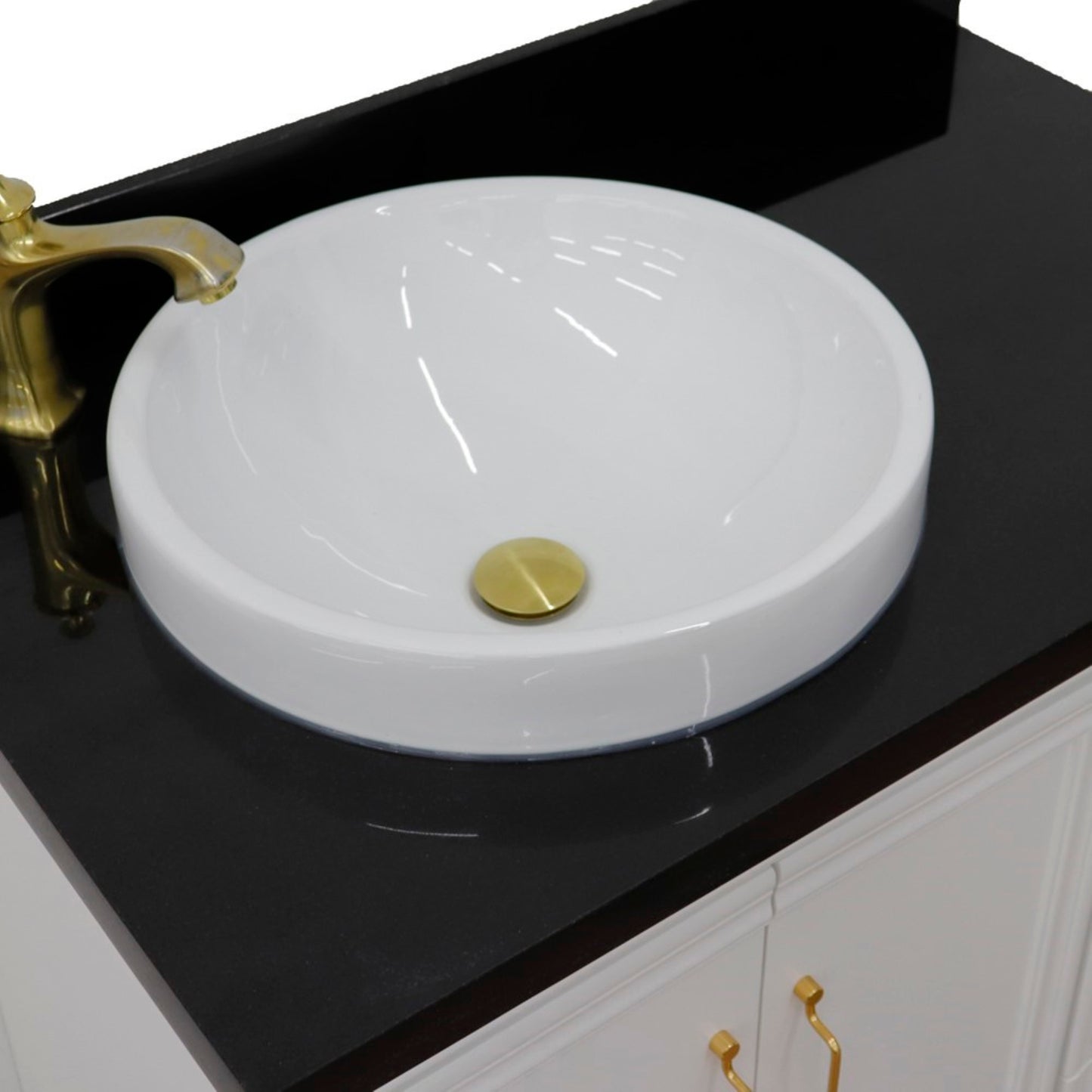 37" Single vanity in White finish with Black galaxy and round sink Left door/Left sink