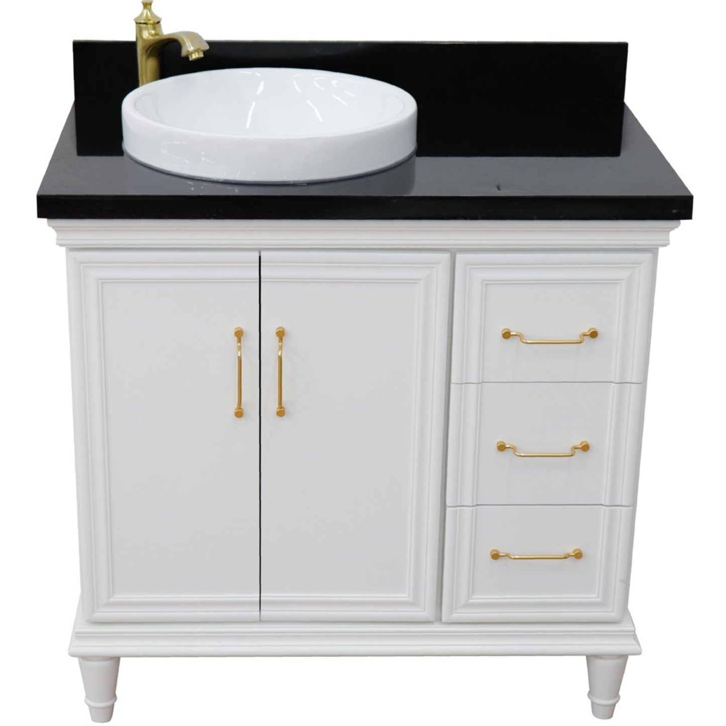 37" Single vanity in White finish with Black galaxy and round sink Left door/Left sink