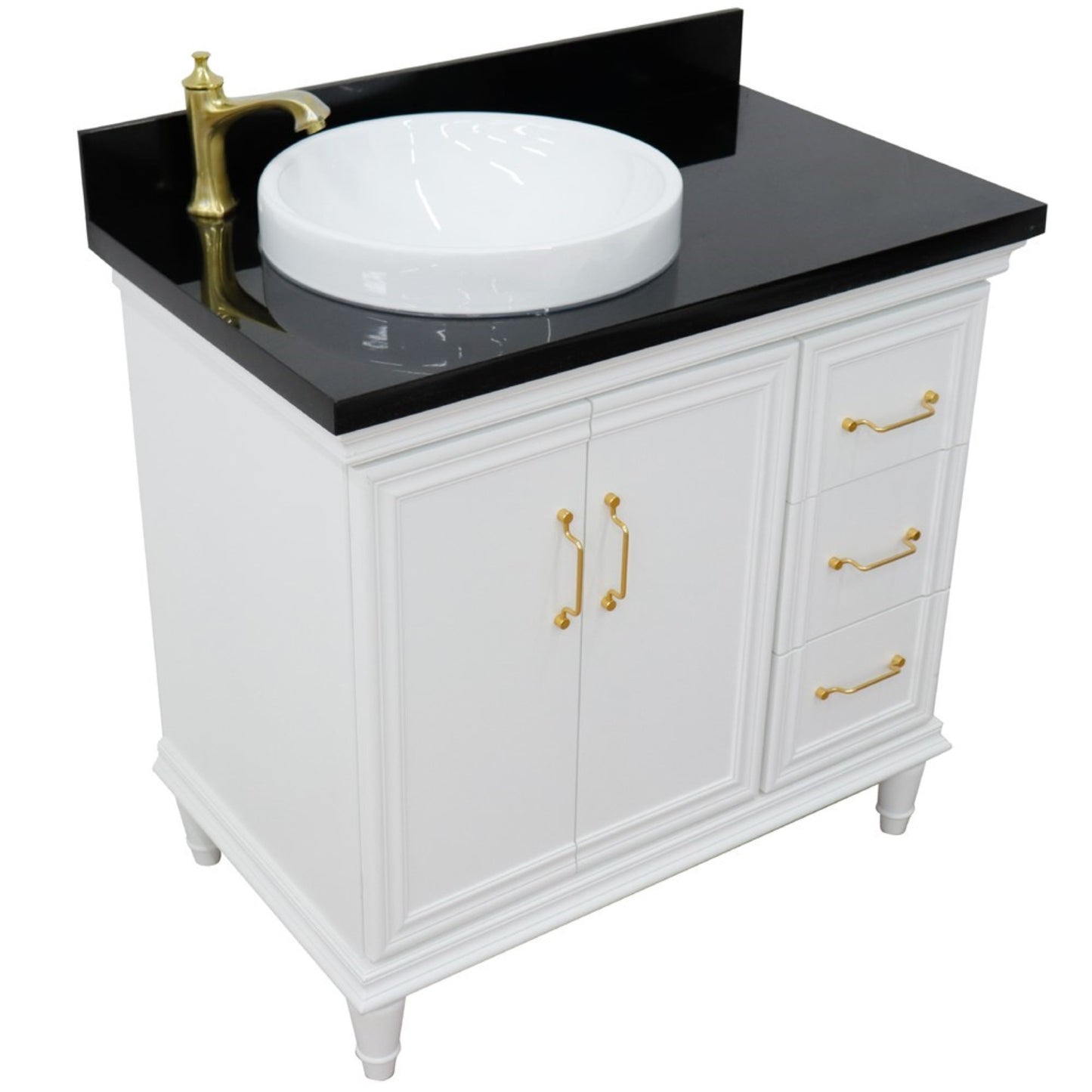 37" Single vanity in White finish with Black galaxy and round sink Left door/Left sink