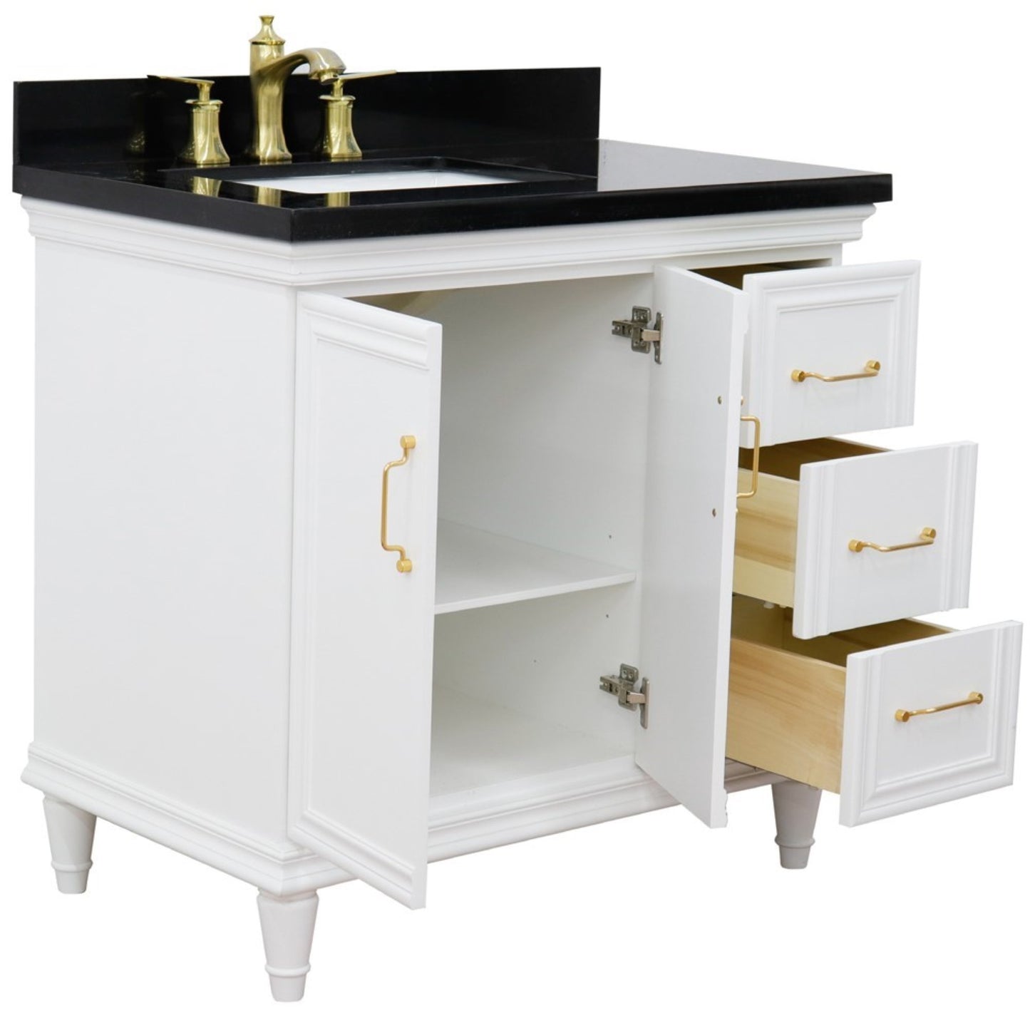 37" Single vanity in White finish with Black galaxy and rectangle sink Left door/Left sink