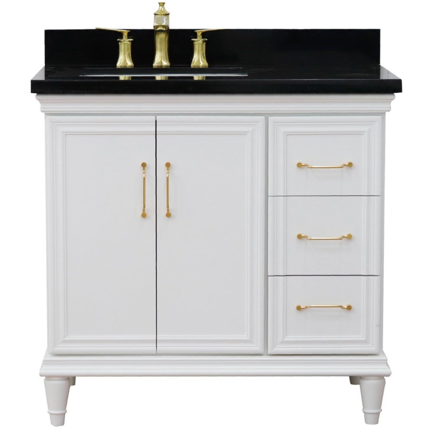 37" Single vanity in White finish with Black galaxy and rectangle sink Left door/Left sink