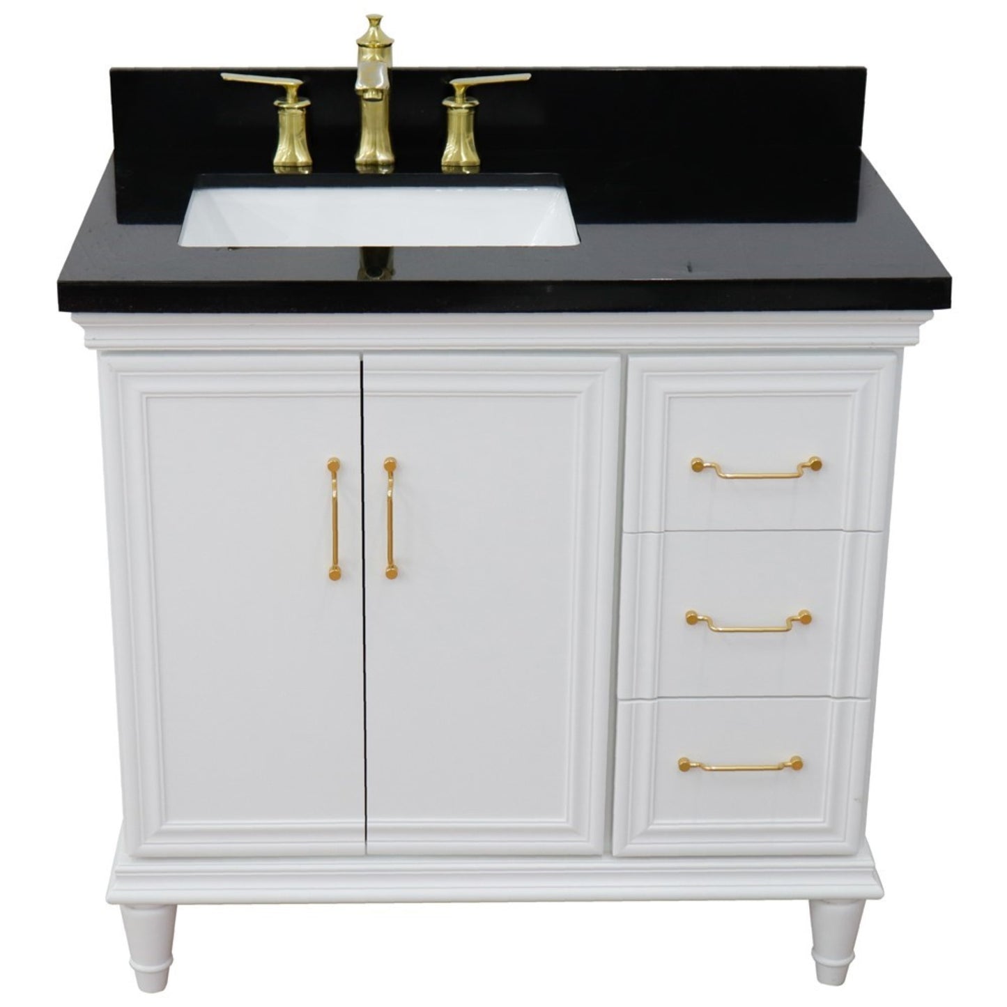 37" Single vanity in White finish with Black galaxy and rectangle sink Left door/Left sink