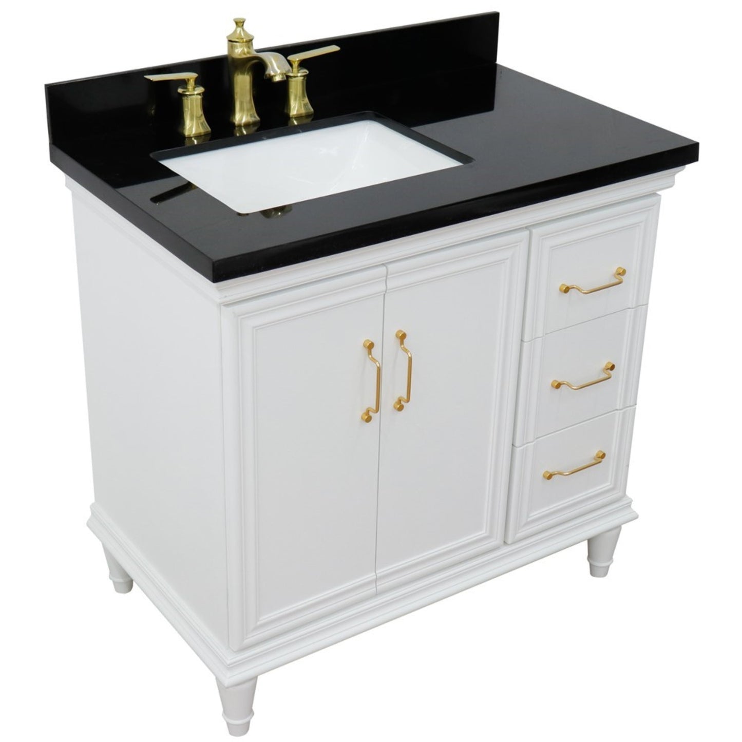 37" Single vanity in White finish with Black galaxy and rectangle sink Left door/Left sink